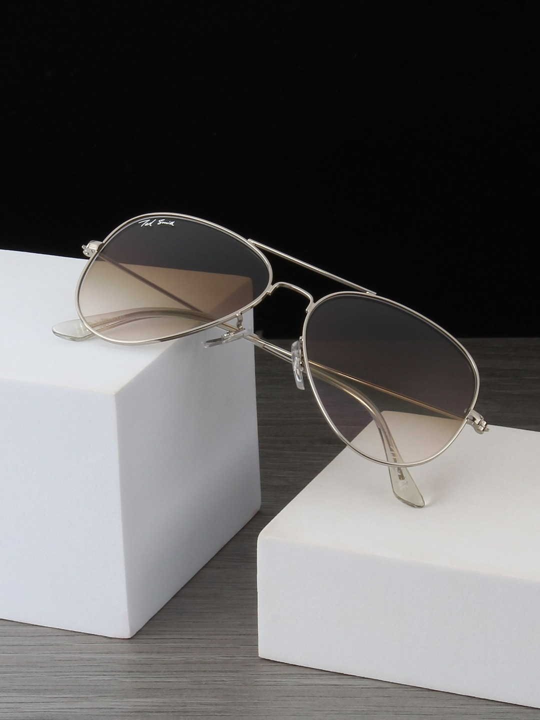 Ted Smith Unisex Aviator Silver-Brown Graded UV Protected Sunglasses With Glass Lenses