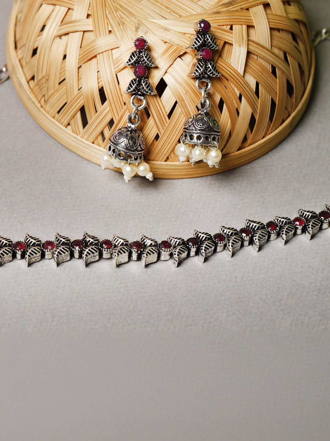 N S G Silver-Plated Stone-Studded & Beaded Jewellery Set
