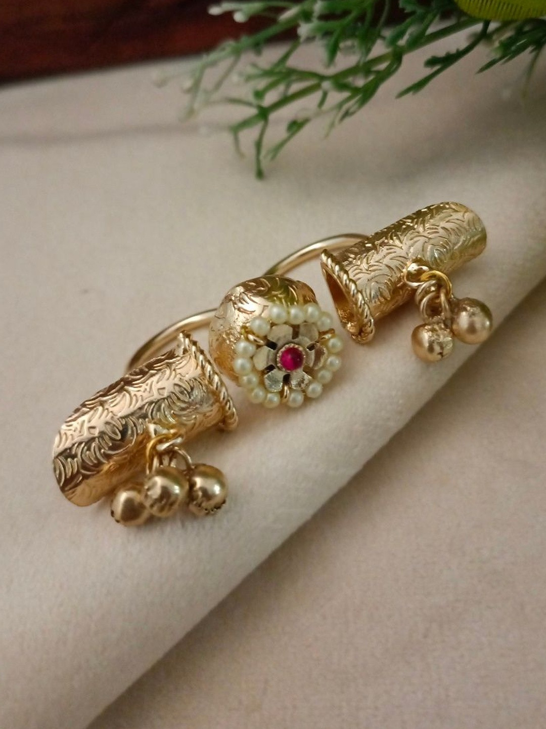 Sanjog Brass-Plated Artificial Stons Studded & Pearls Beaded Adjustable Finger Ring
