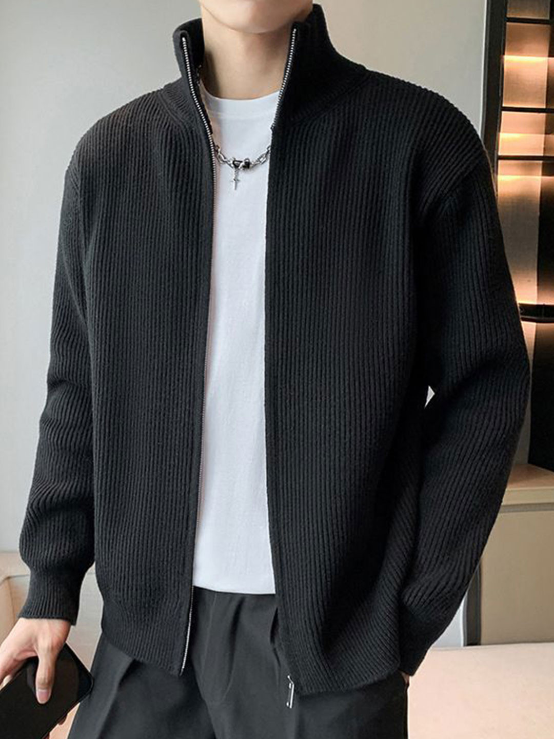 StyleCast x Revolte Self Design Mock Collar Front-Open Cable Sweaters