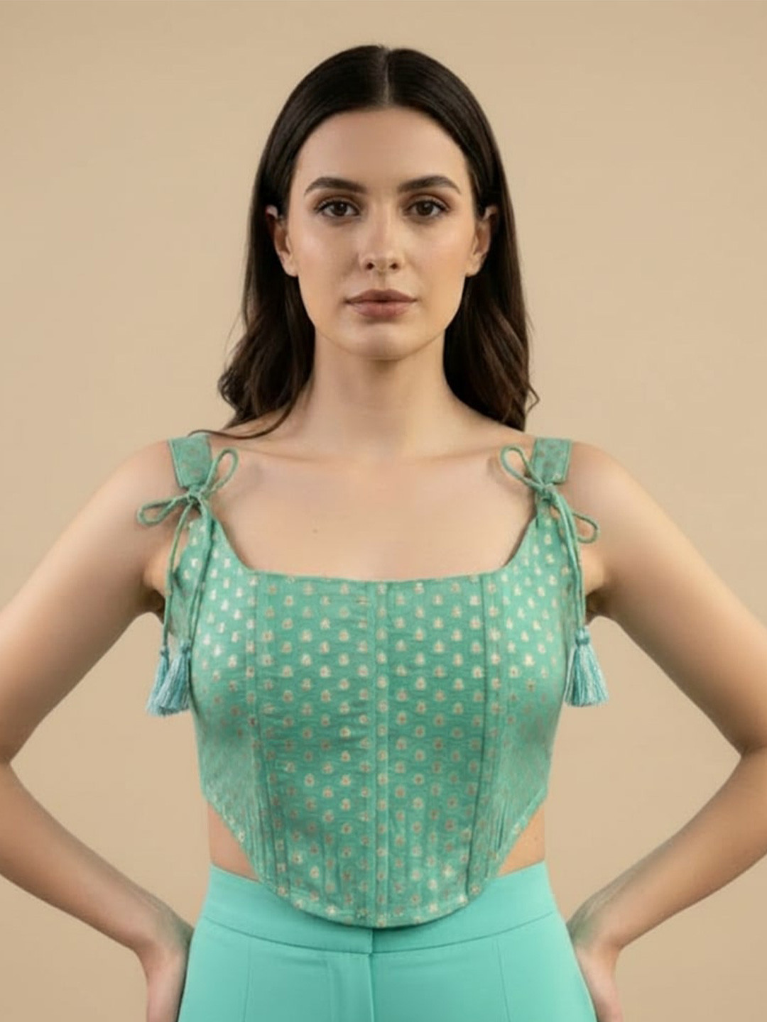 KASYA Women Polka Dot Self Design Shoulder Straps Corset Crop Top