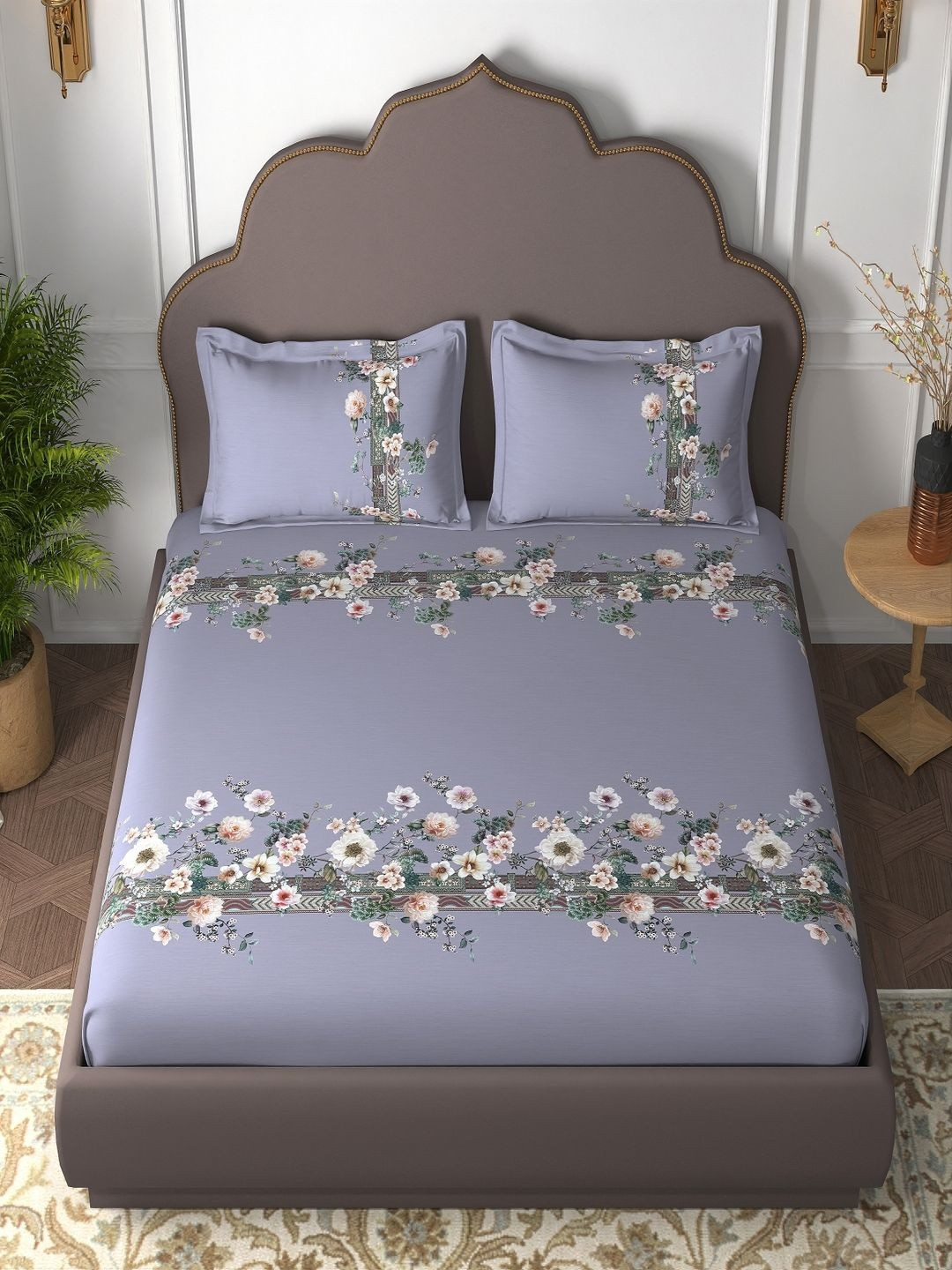 Bedirah Living Grey Floral King Bedsheet with 2 Pillow Covers