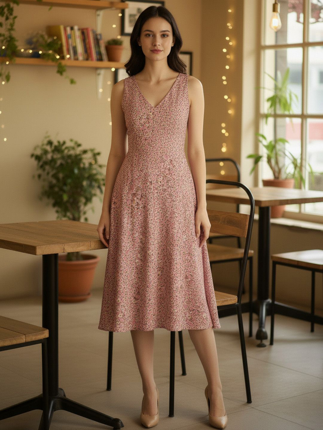 AADVIKA Floral Printed V-Neck No Sleeves A-Line Midi Dress