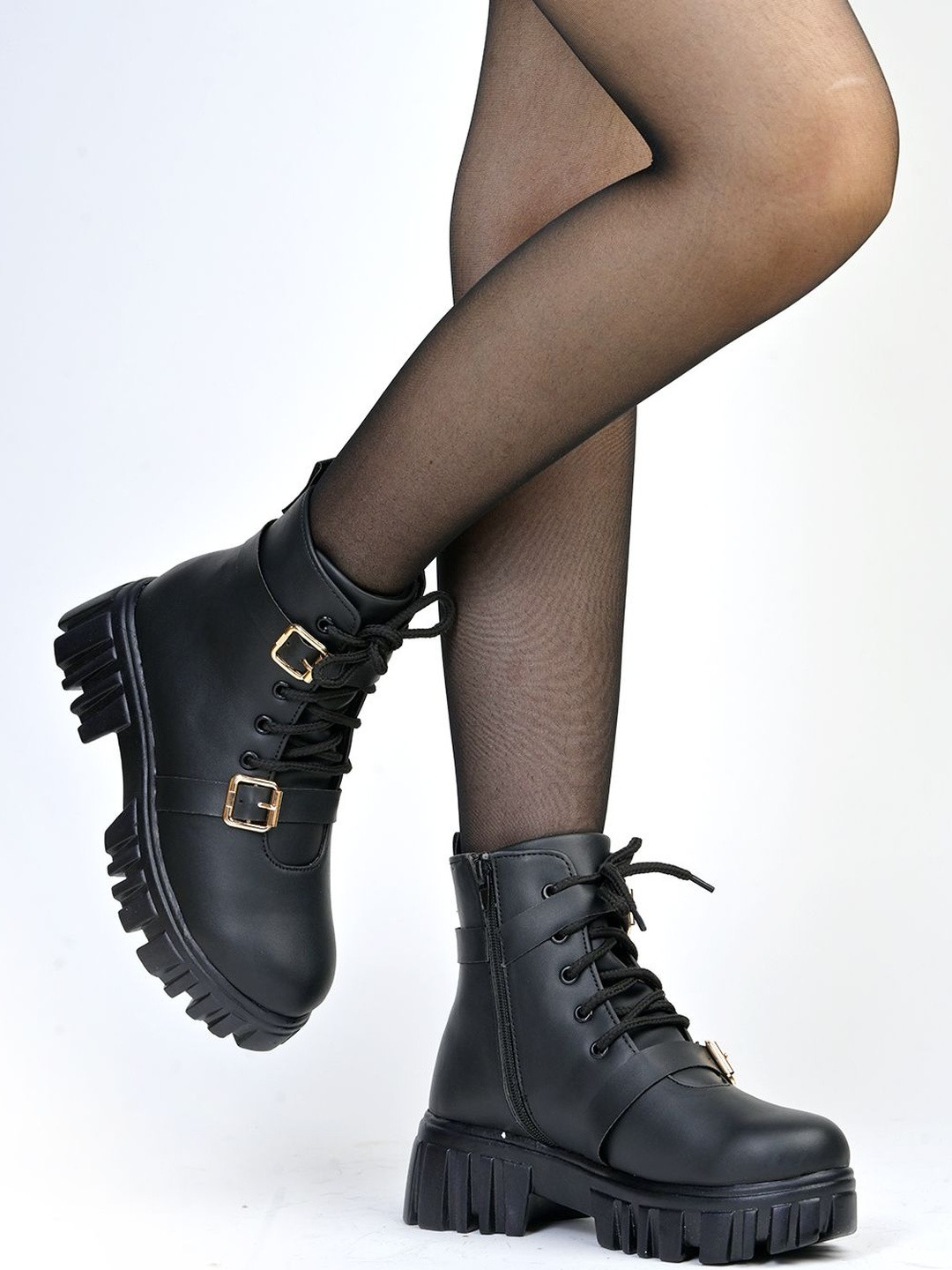 Shoetopia Women Solid Round Toe Buckle Detail Boots