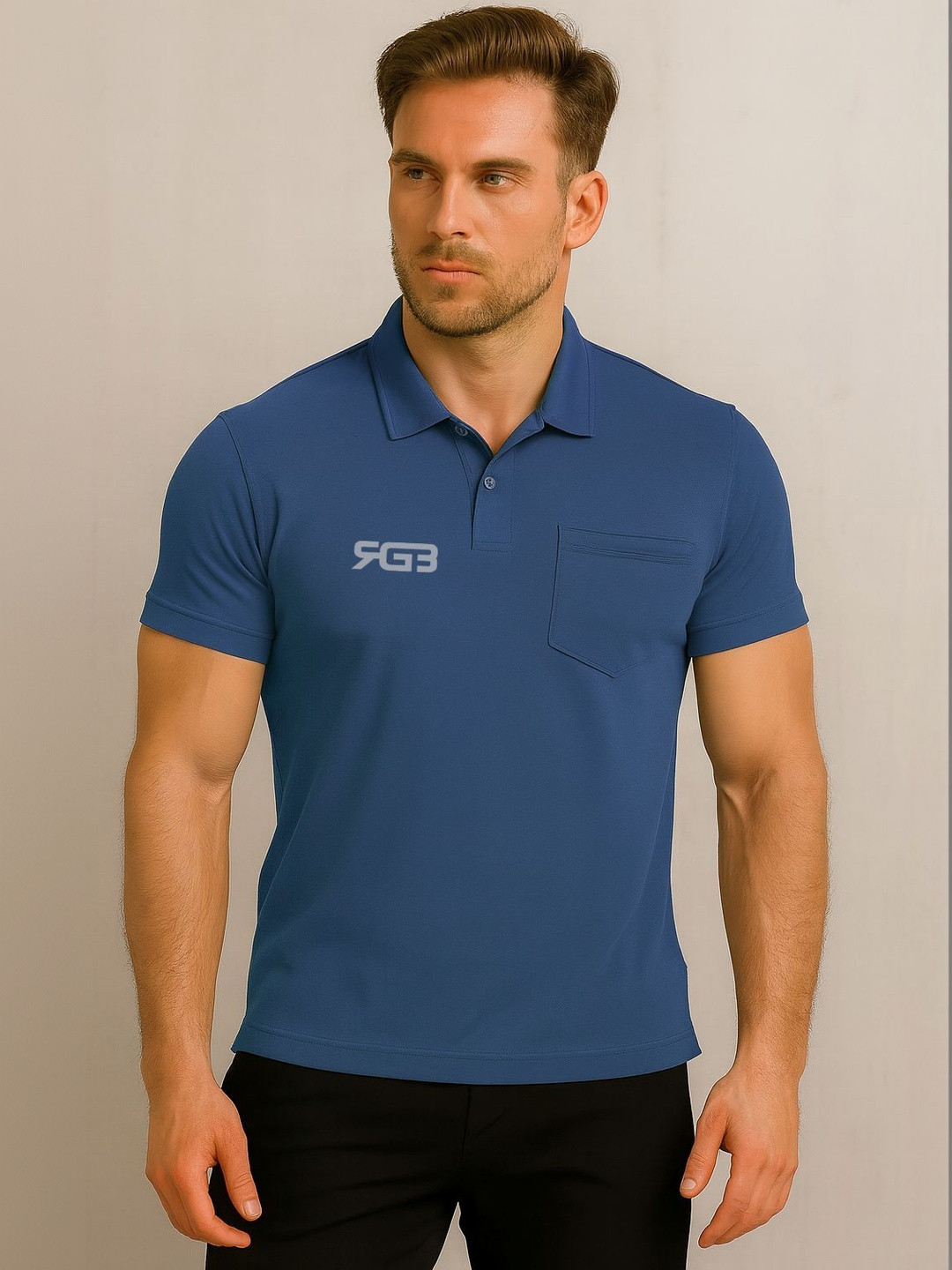 3Colors Men Brand Logo Polo Collar Pockets T-shirt
