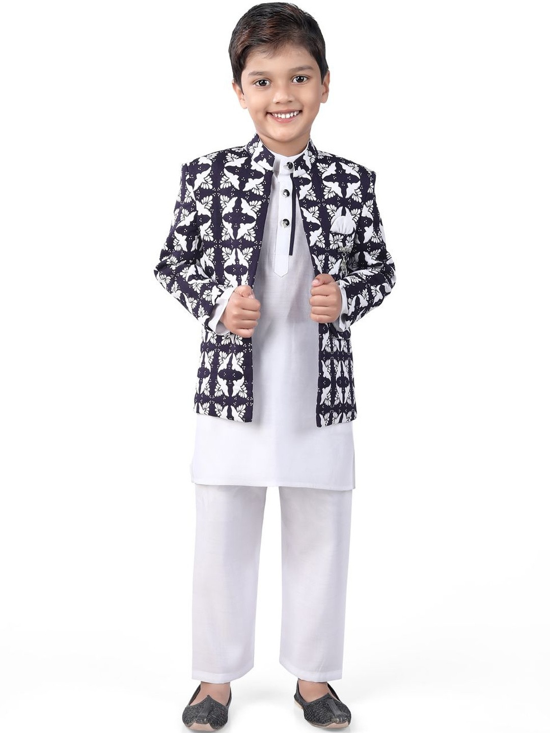 earth conscious Boys Self Design Mandarin Collar Printed Sherwani Set