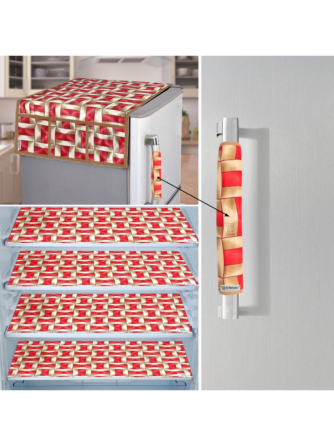 E-Retailer 6 Pieces Set Of 1 Refrigerator Top Cover 1 Fridge Handle Cover & 4 Fridge Mats
