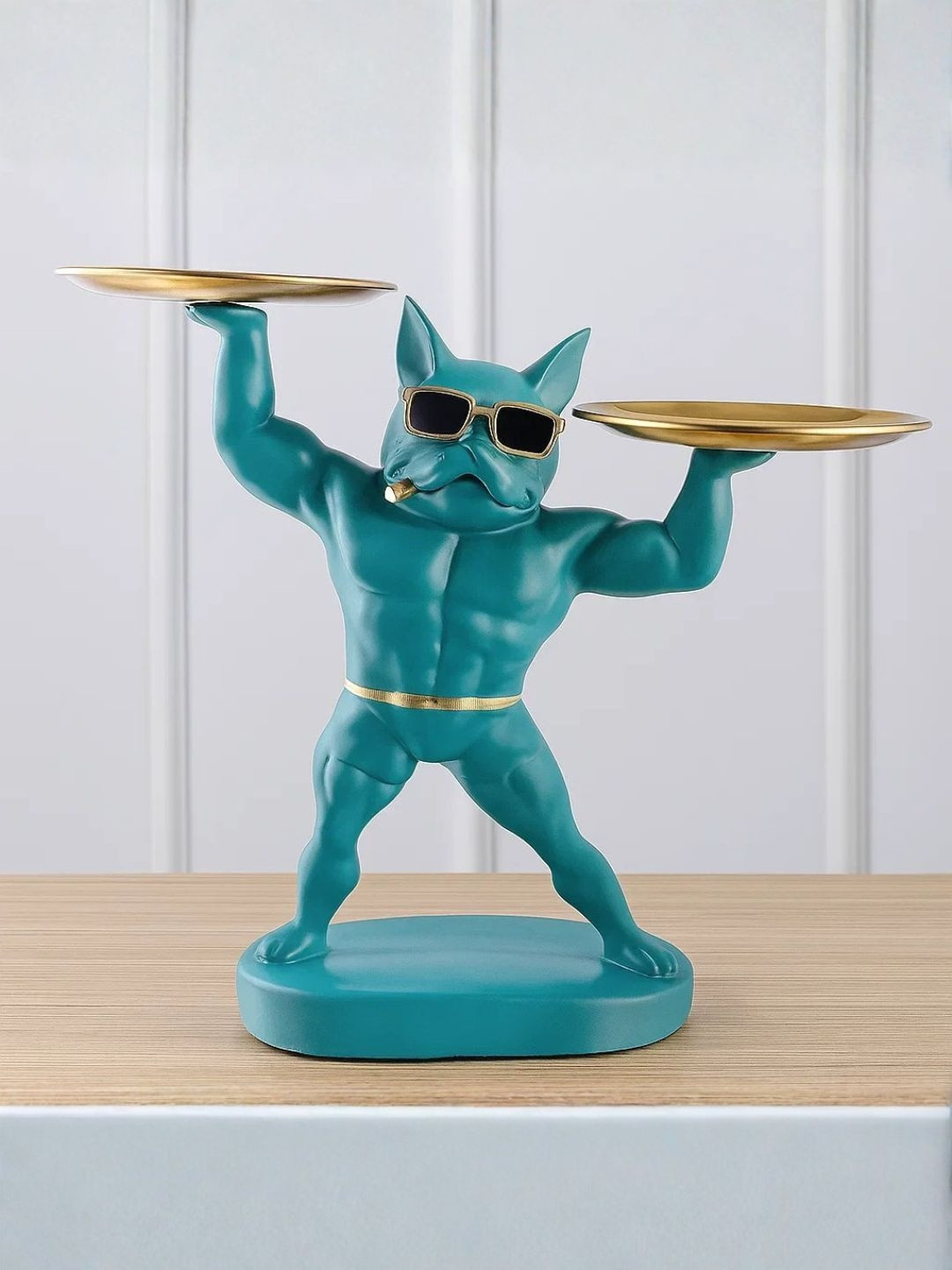 SMOKEY COCKTAIL Green & Gold-Toned Polyresin Muscular Dog Double Tray Showpiece-5 Inch