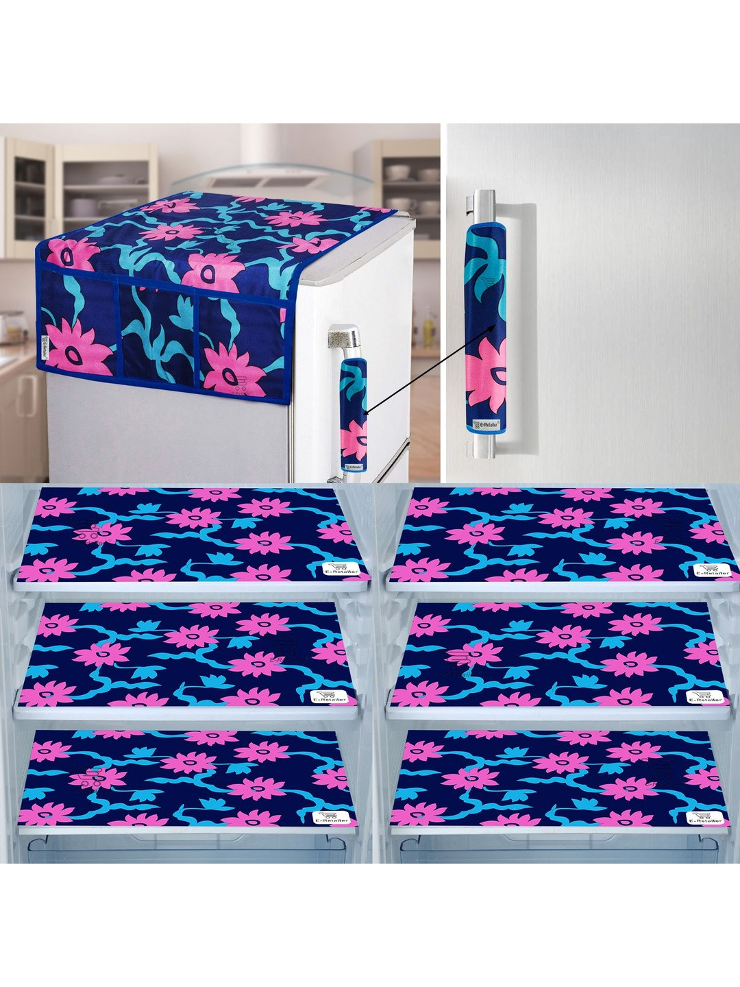 8 Pieces Set of 1 Refrigerator Top Cover 1 Fridge Handle Cover & 6 Fridge Mats