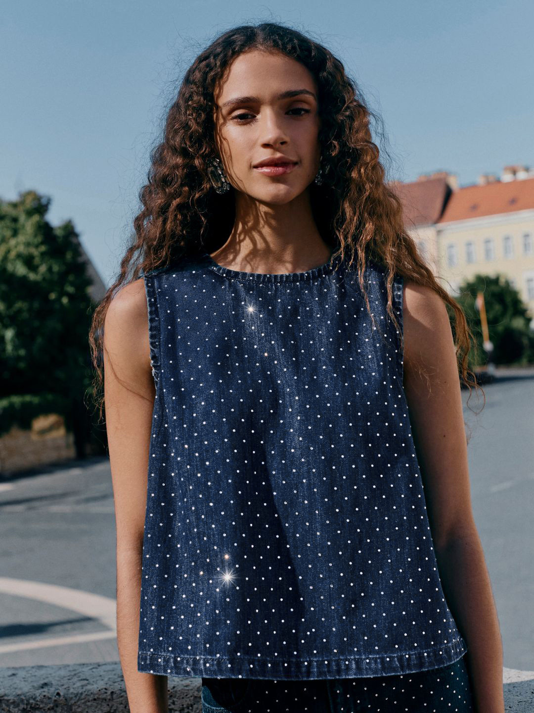 NEXT Embellished Denim A-Line Open Back Top