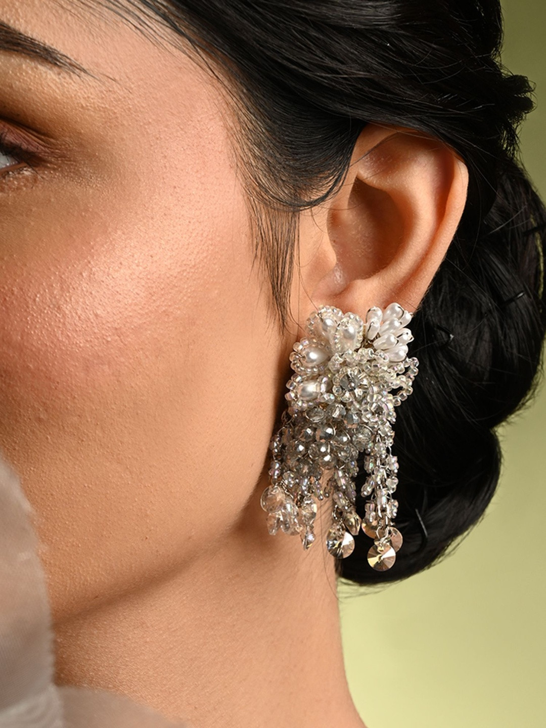 D'oro Silver-Plated Crystals And Pearls Contemporary Drop Earrings