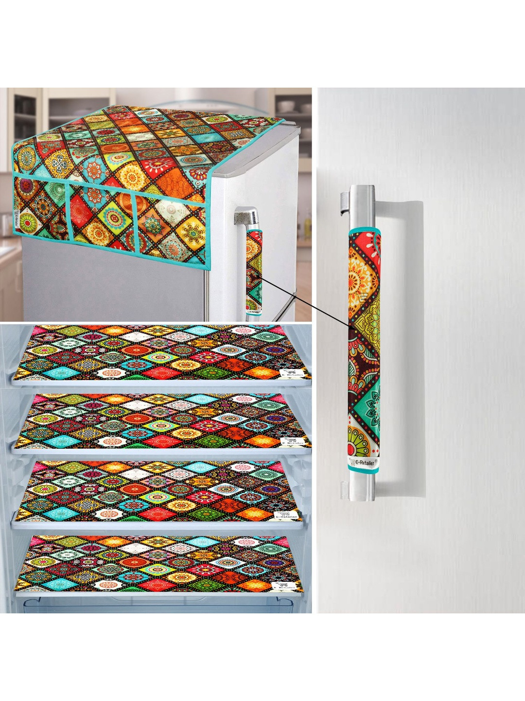 E-Retailer 6 Pieces Set of 1 Refrigerator Top Cover 1 Fridge Handle Cover & 4 Fridge Mats