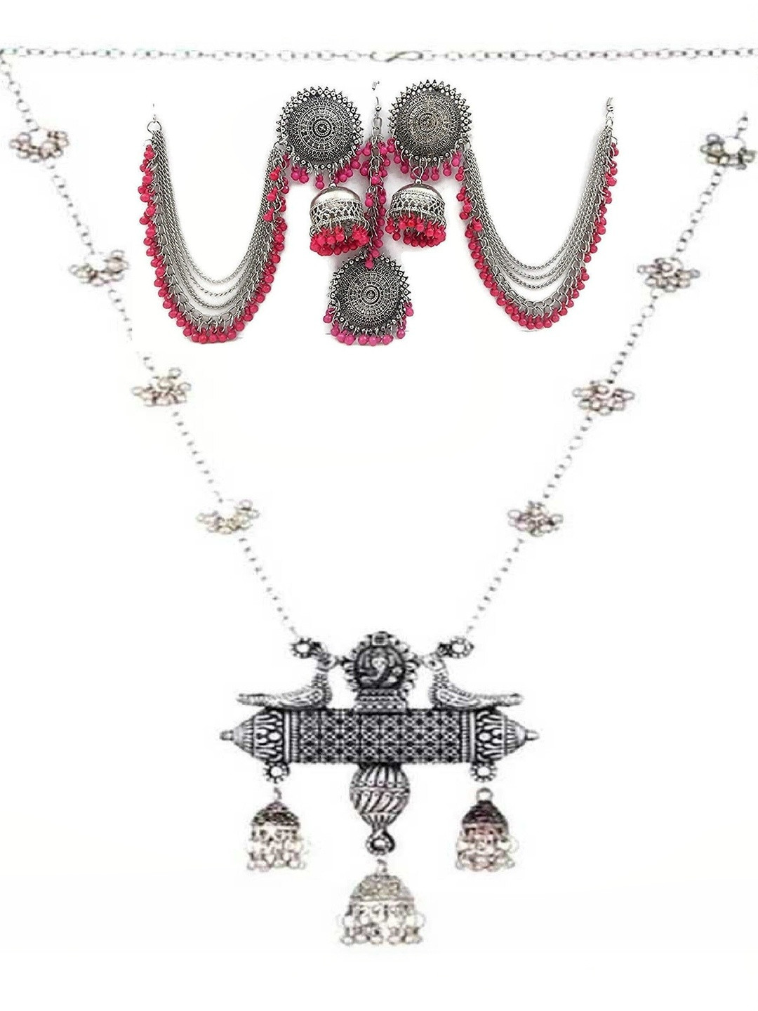 N S G Silver Plated Artificial Beaded Necklace With Earrings & Maang Tika