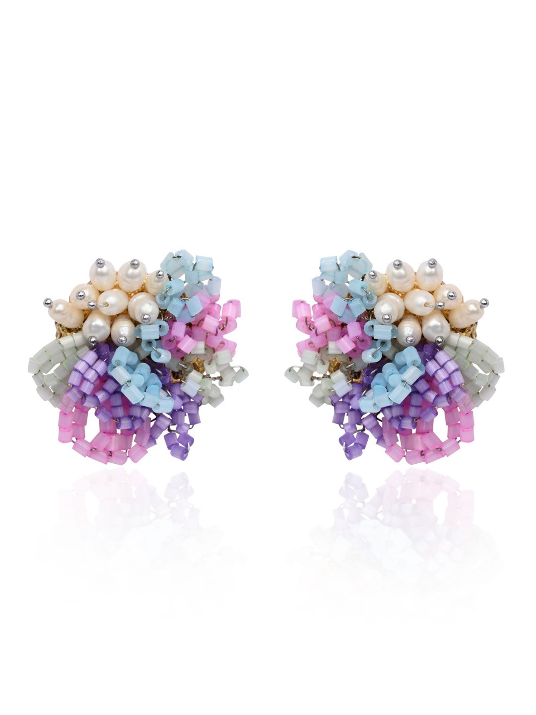 D'oro Gold-Plated Contemporary Pearl And Colourful Flower Round Studs Earrings