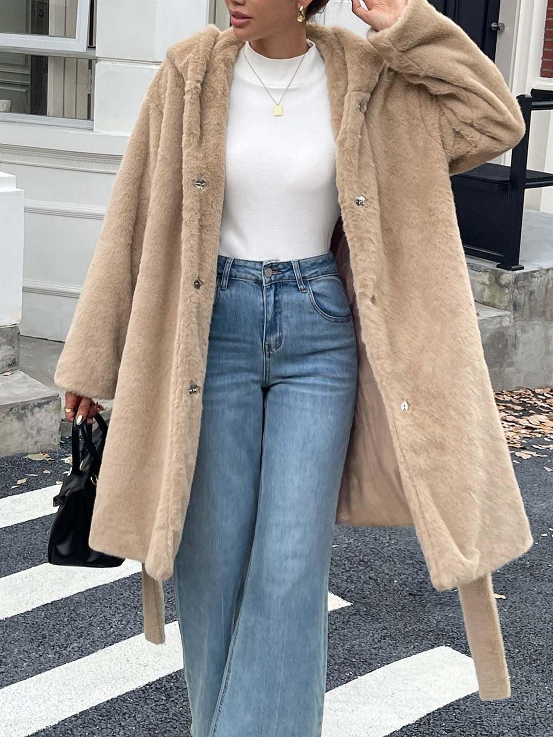 bebe Solid  FauxFur Hooded Overcoat  With Belt
