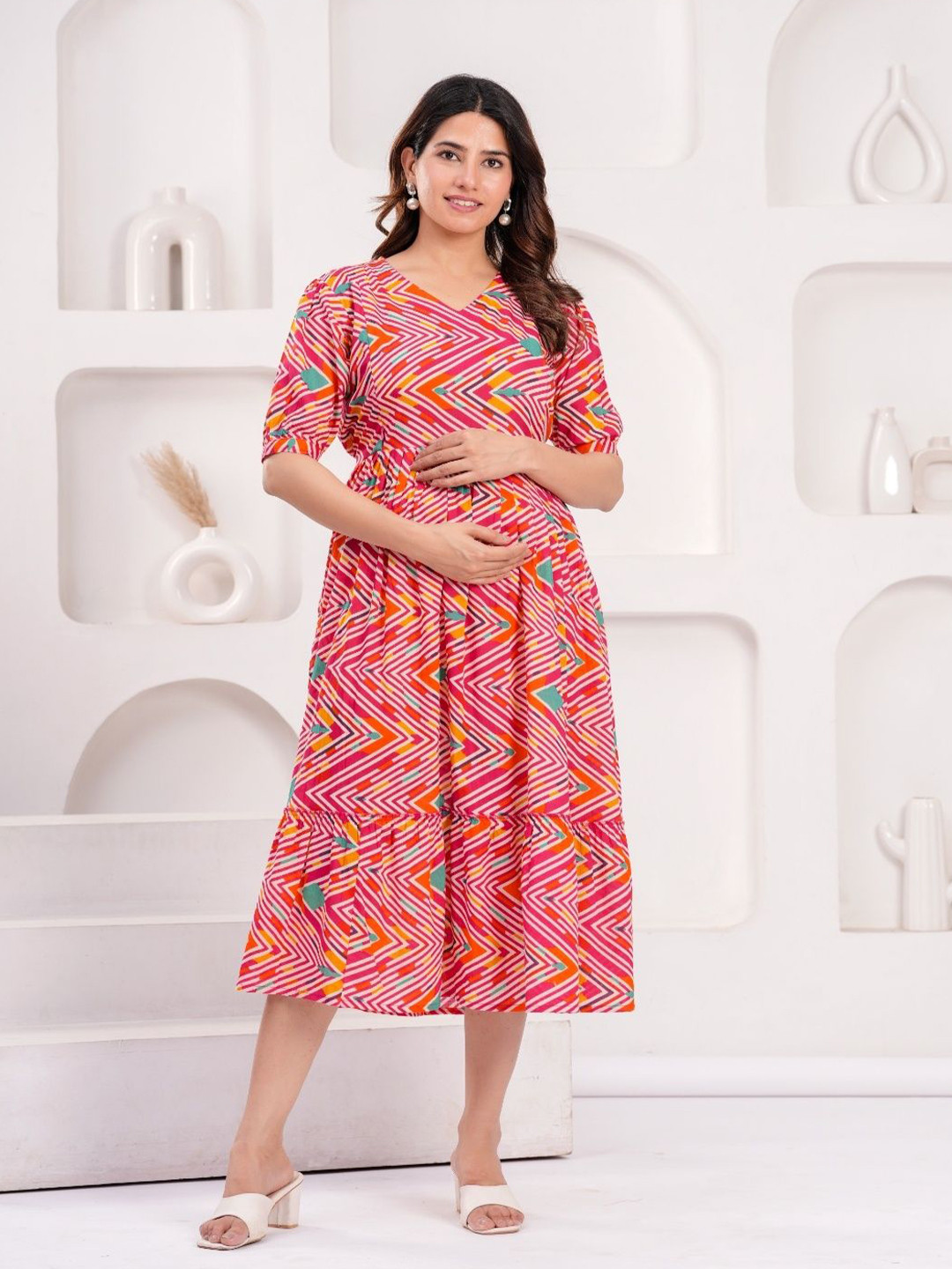 CLOTHYFUSION Leheriya Printed V-Neck Short Sleeve Cotton Maternity Dress