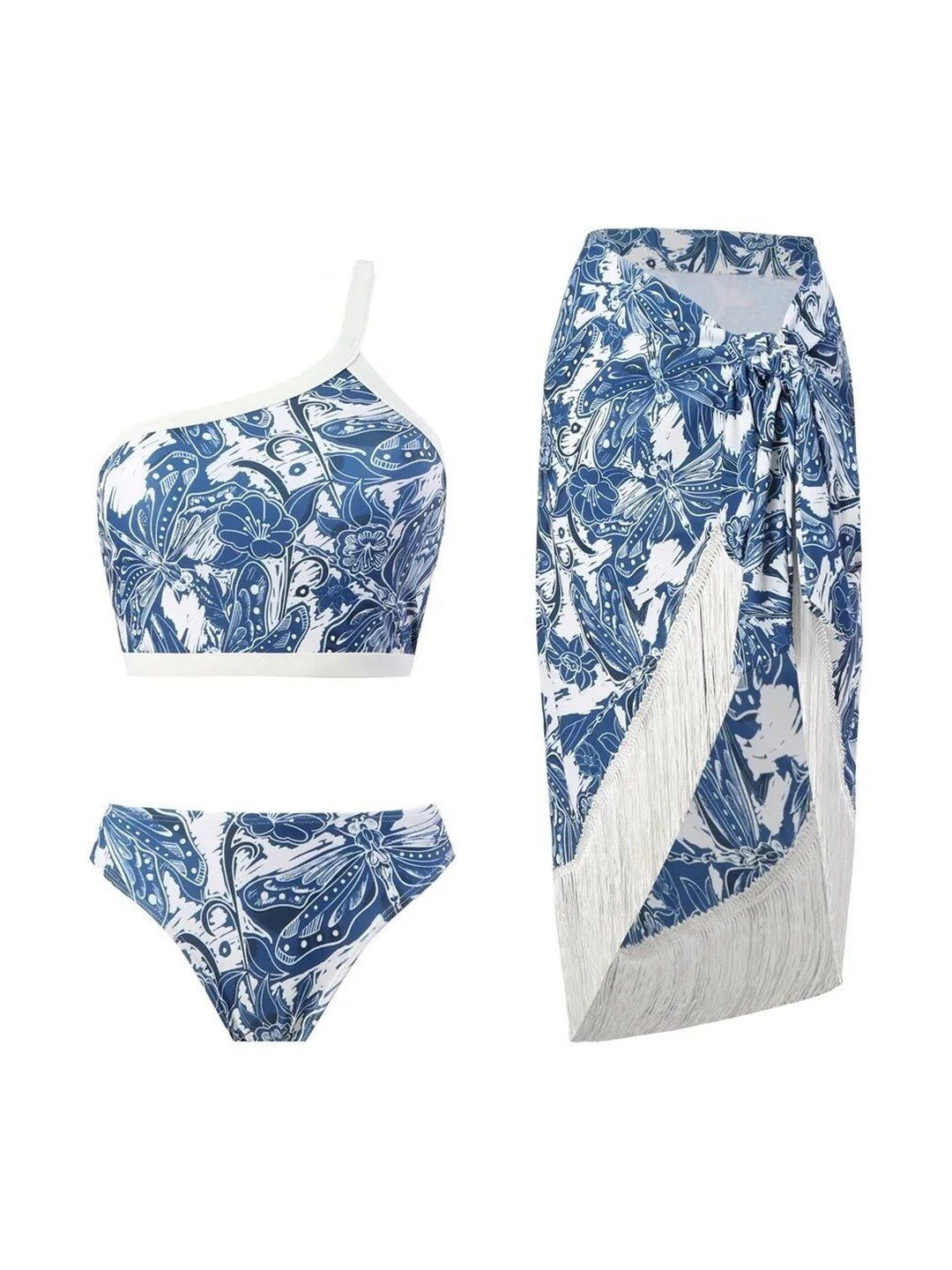 MONRSH Floral Printed One Shoulder Bikini Set With Sarong