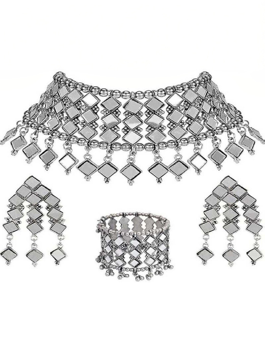 N S G Silver-Plated Mirror-Work Jewellery Set