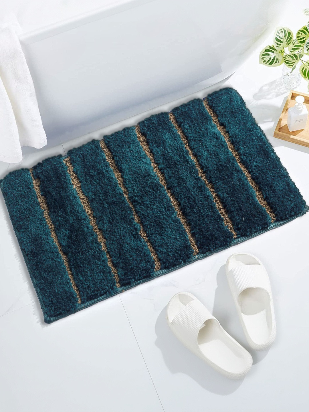 Zarisi Green And Brown Microfibre Striped Superfine Bath Rug