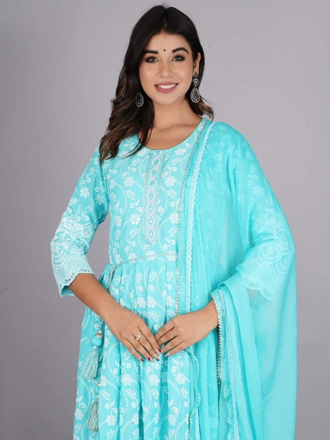 Orna Design Women Floral Embroidered Pleated Pure Cotton Kurta with Trousers & Dupatta