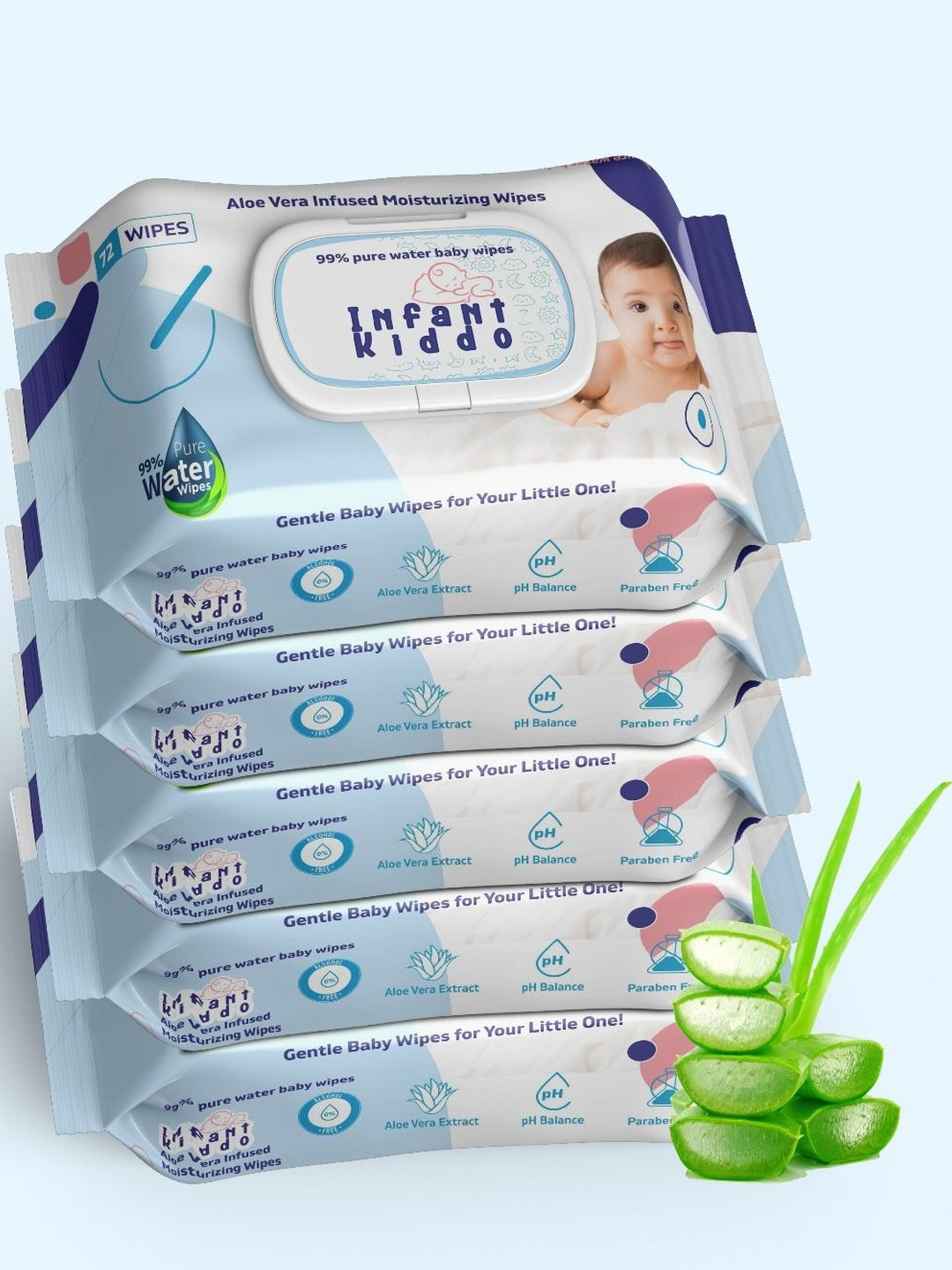 Infant Kiddo Set Of 5 99% Water Baby Wipes With Aloe Vera - 72Pcs Each
