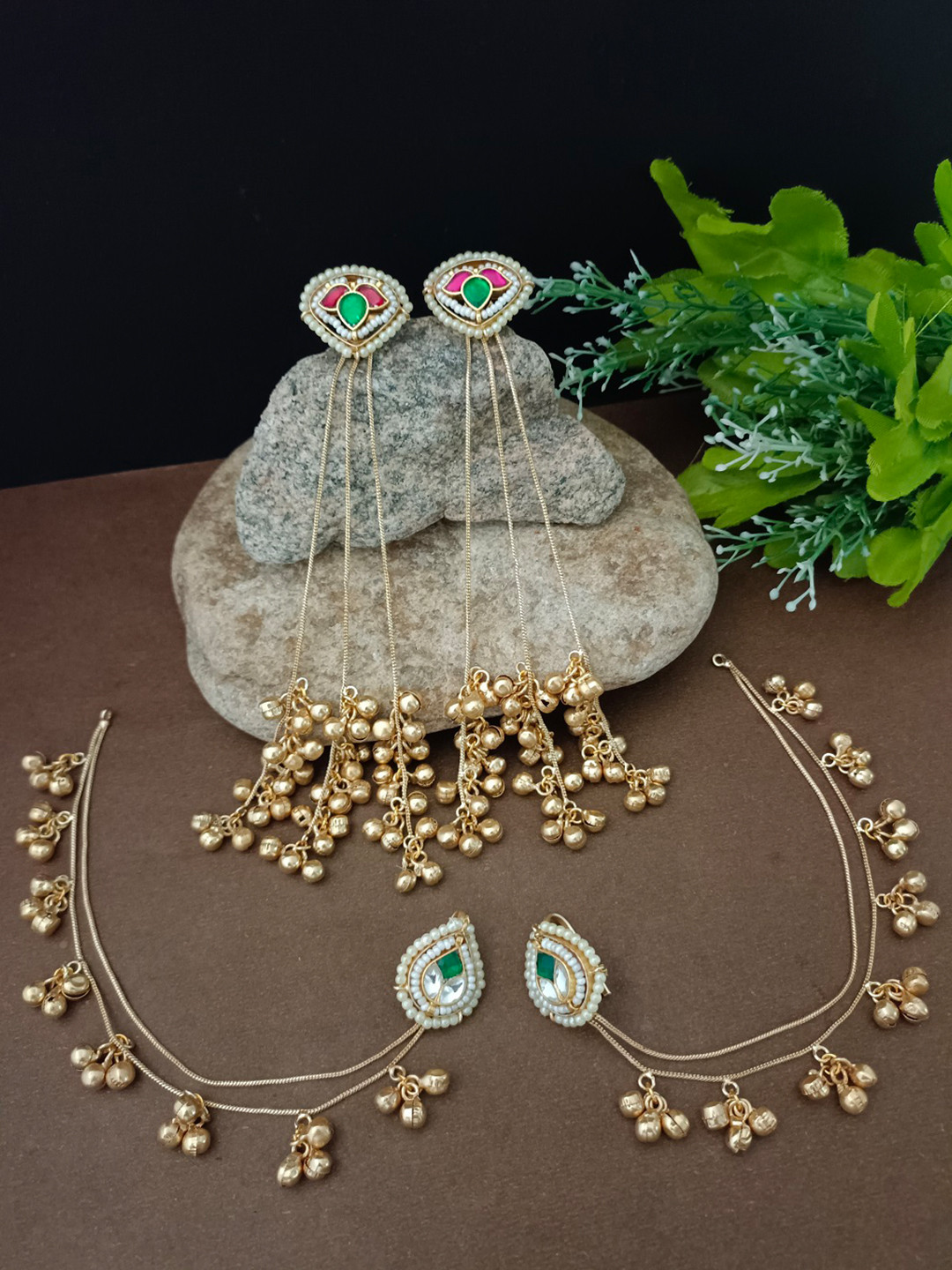 Sanjog Set Of 2 Brass Plated Pachi Kundan & Ghungaroo Studded Drop Kashmiri Earrings