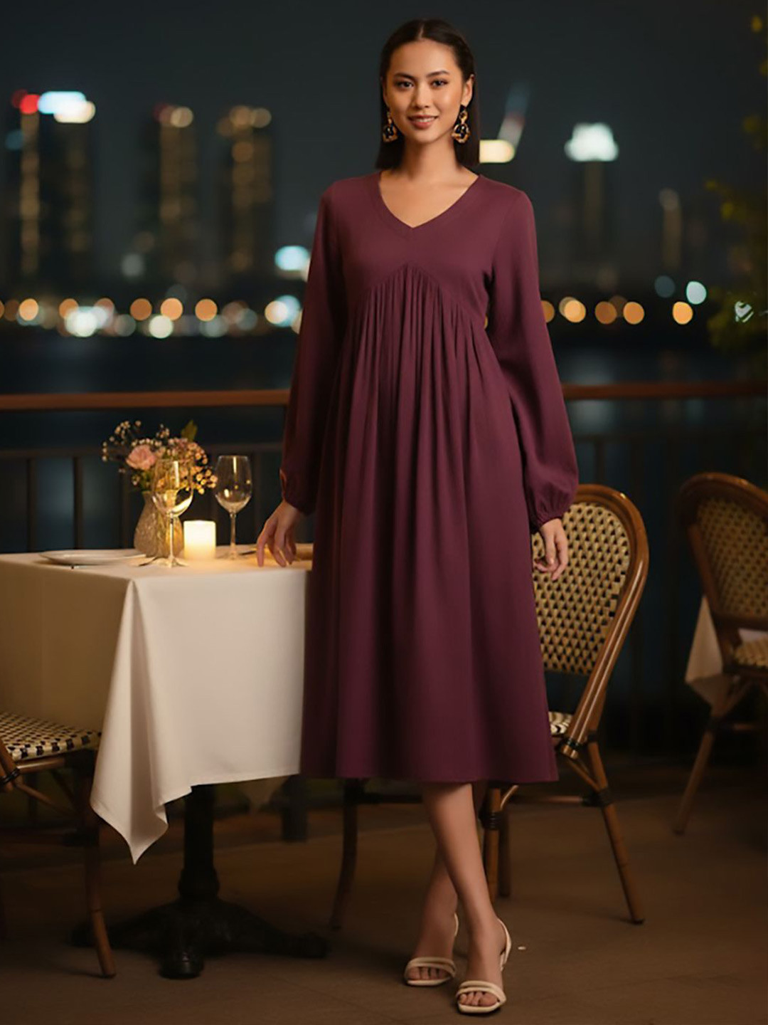 AADVIKA V-Neck Long Sleeves Gathered Or Pleated A-Line Midi Dress