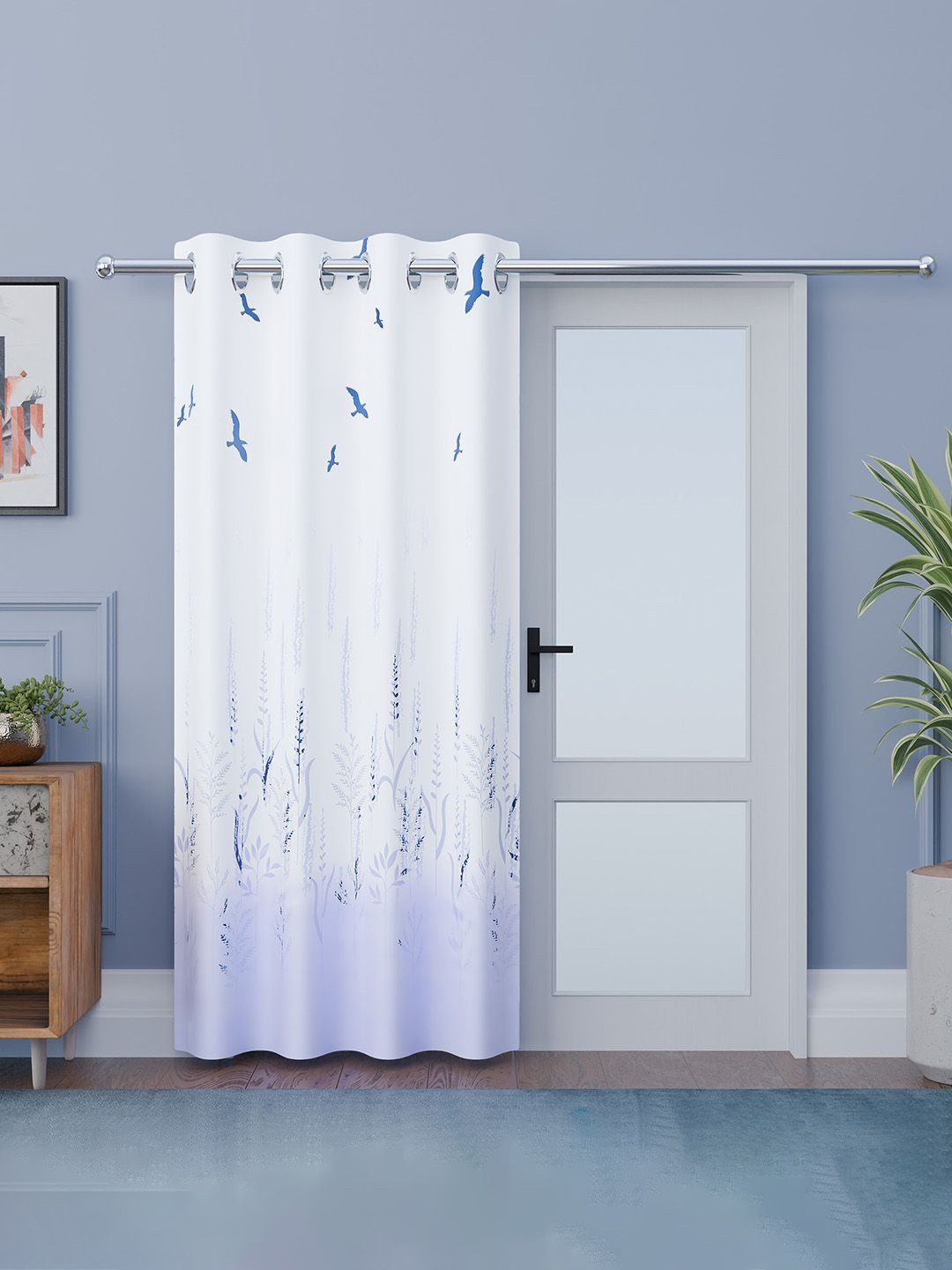Kuber Industries White & Blue Polyester Door Curtain 7 Feet Long