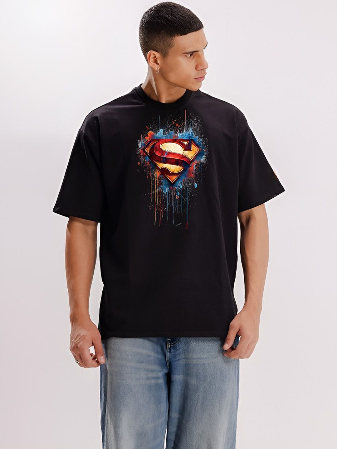 BDSQUARE Men Superman Printed Drop-Shoulder Sleeves T-shirt