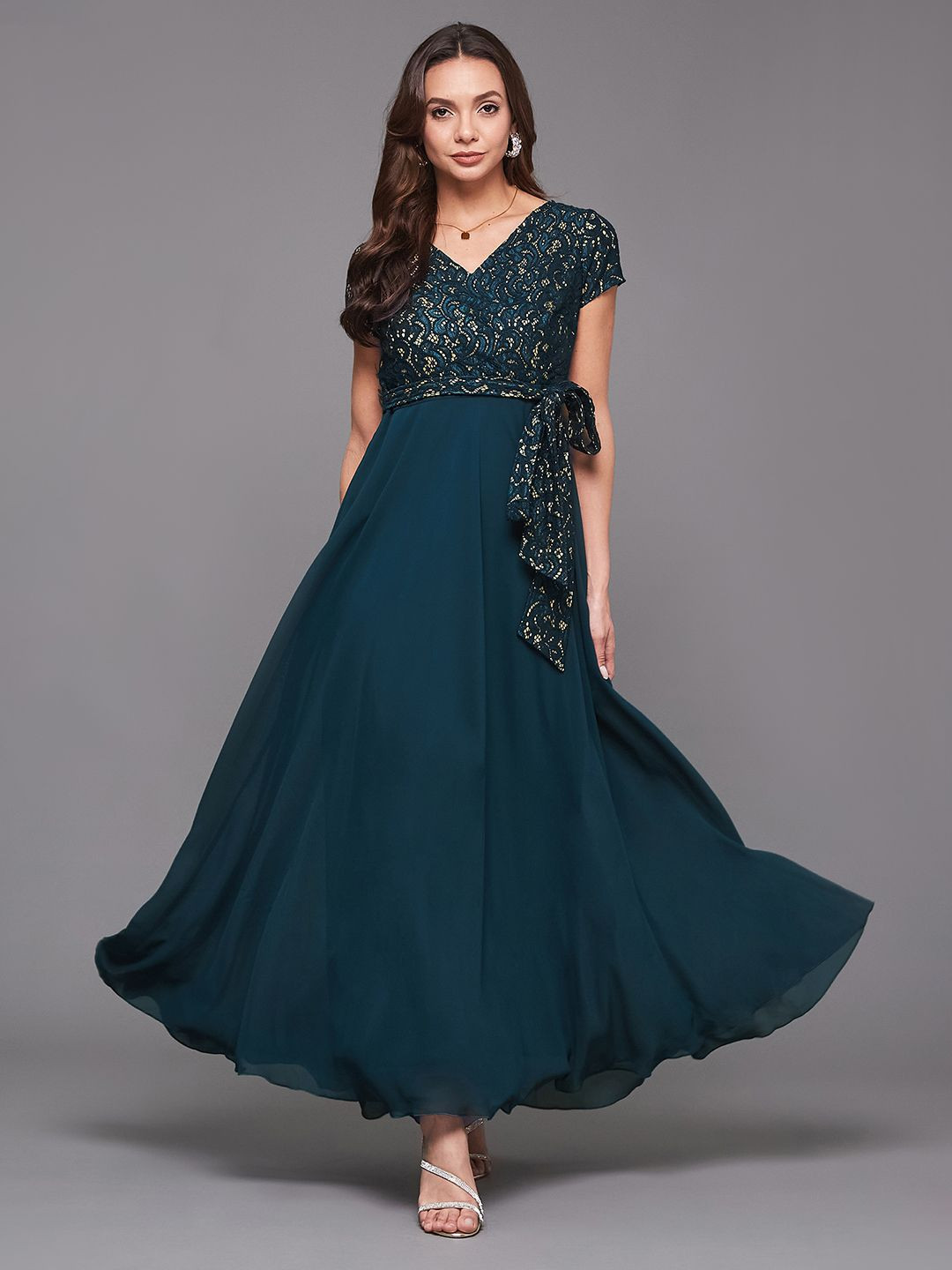 Miss Chase Women's V-Neck Short-Sleeve Self-Designed Lace Overlaid Georgette Maxi Dress