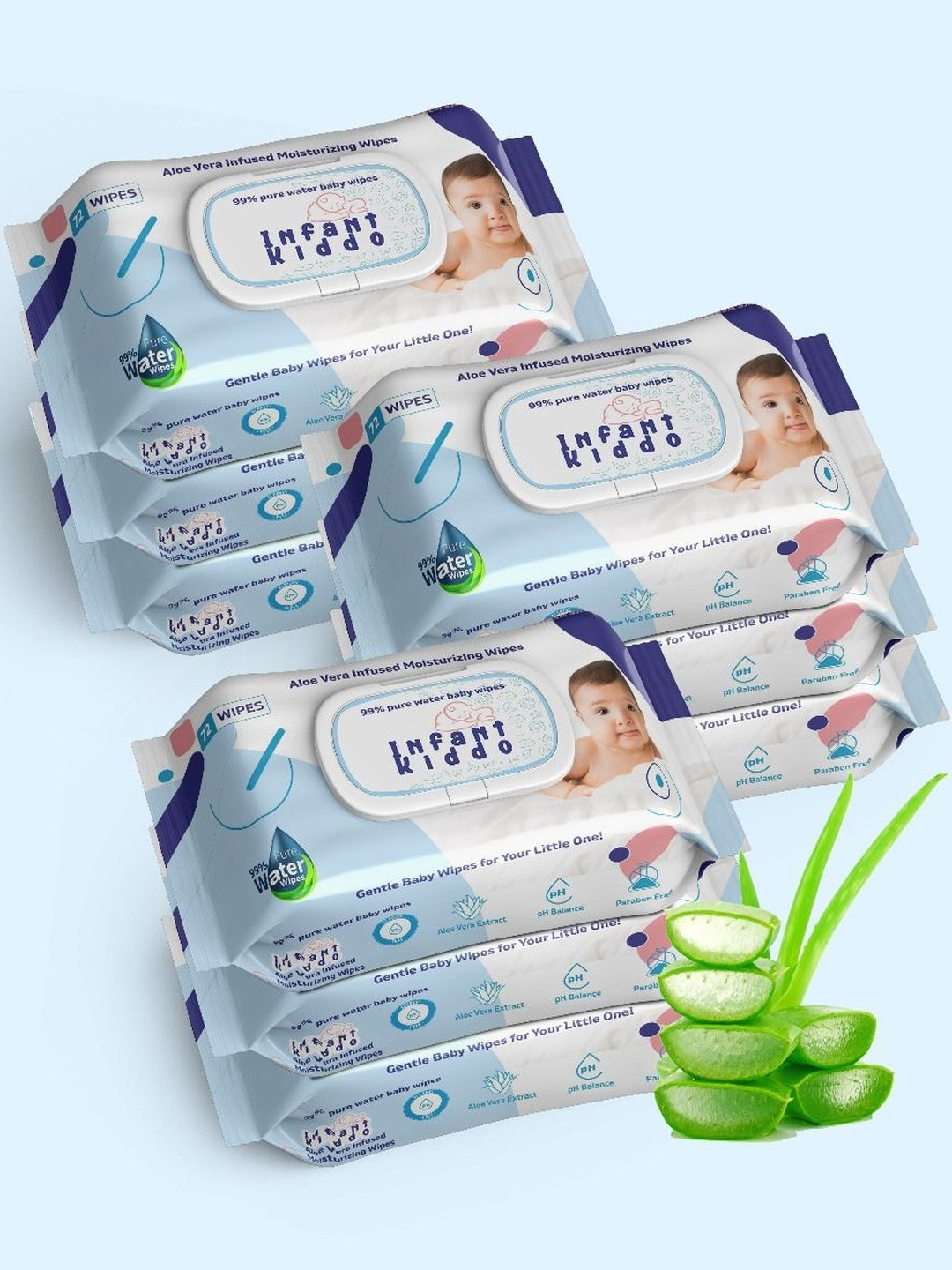 Infant Kiddo Set Of 9 Moisturizing Baby Wipes With Aloe Vera - 72 Wipes Each