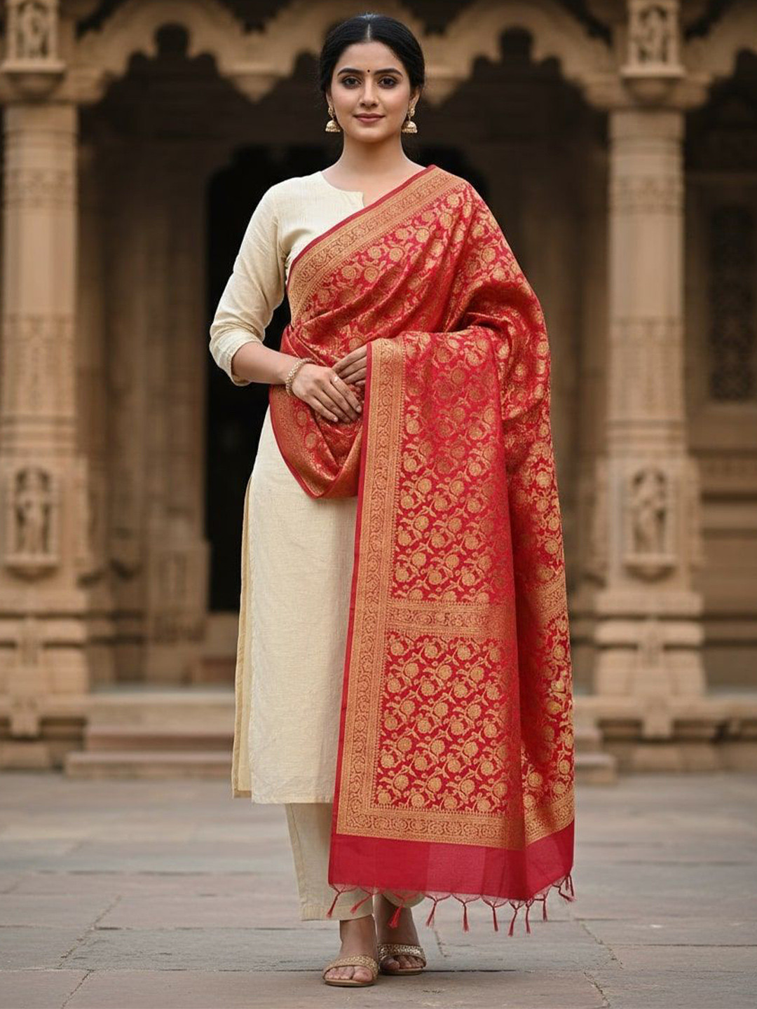 URBAN KANYA Ethnic Motif Woven Design Banarasi Silk Dupatta With Tasselled Border