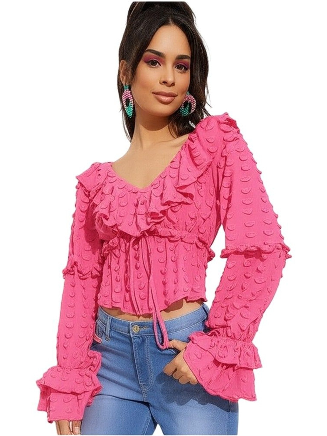 YANA FASHION Bell Sleeve Ruffles Crop Top
