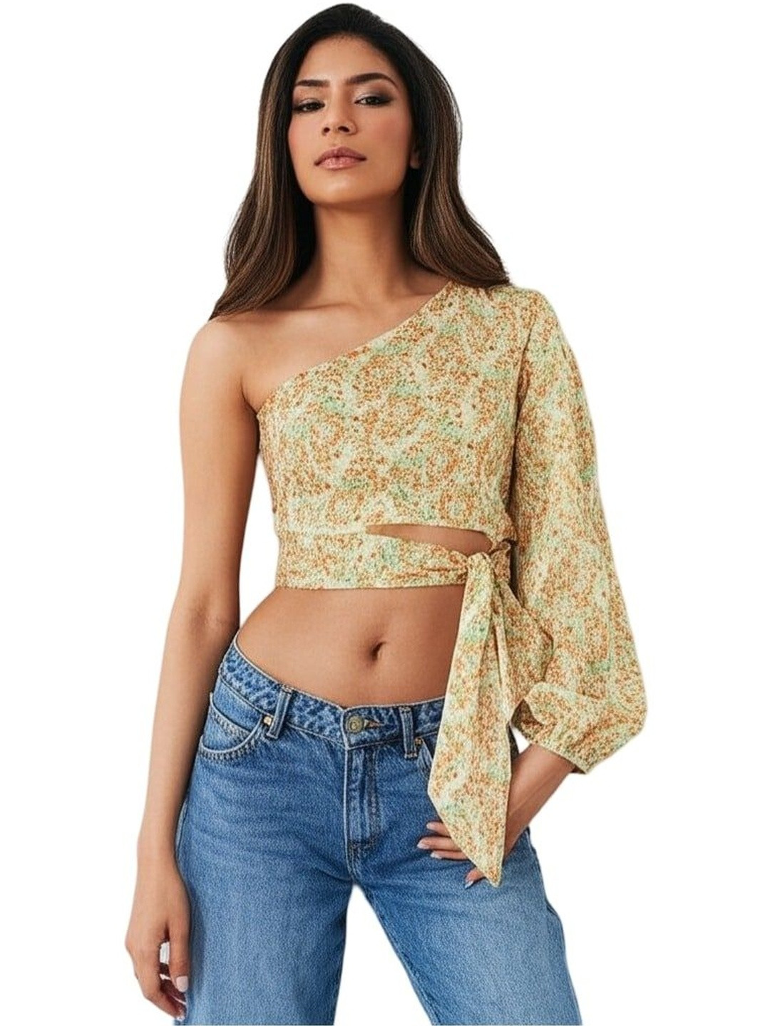 YANA FASHION Floral Print One Shoulder Bishop Sleeves Crop Top