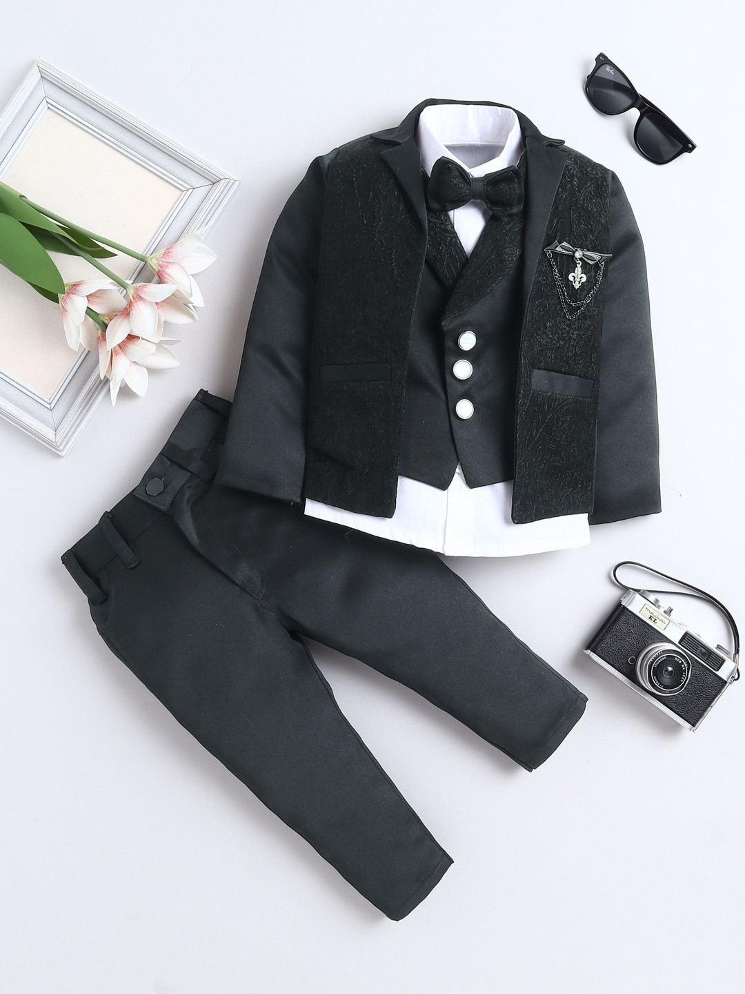 BAESD Boys Self-Designed Jacquard Notched Lapel Single Breasted Three-Piece Suit With Bow