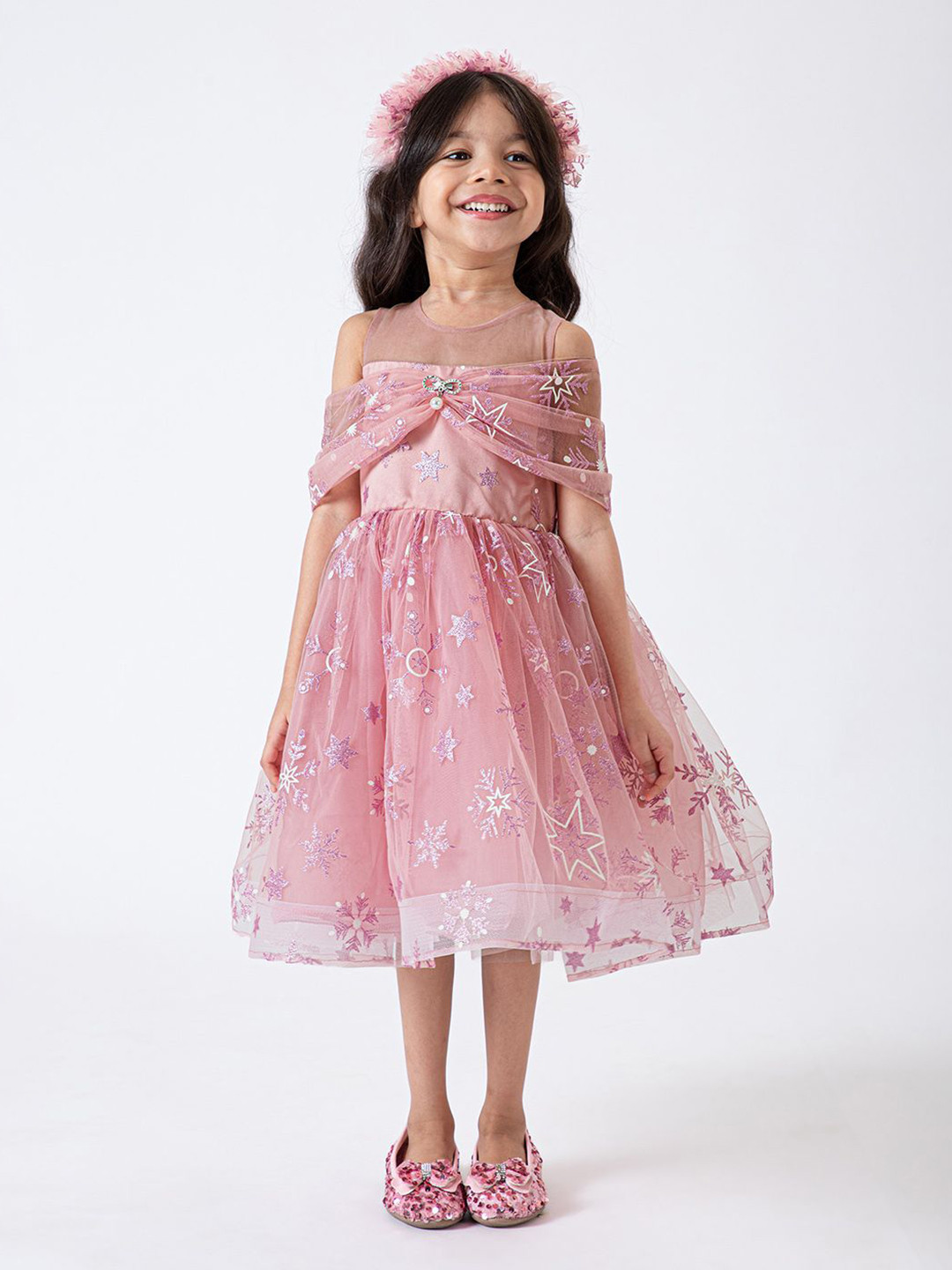 Hopscotch Off-Shoulder Fit & Flare Pearl Embellished Dress