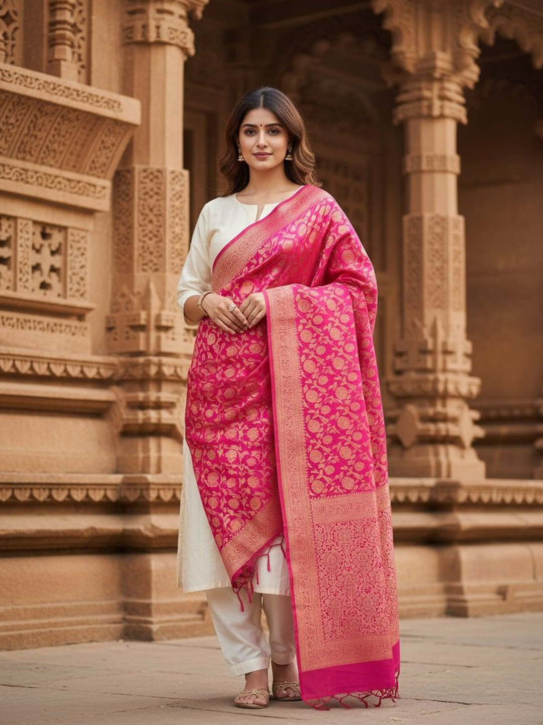 URBAN KANYA Floral Woven Design Banarasi Silk Dupatta With Tasselled Border