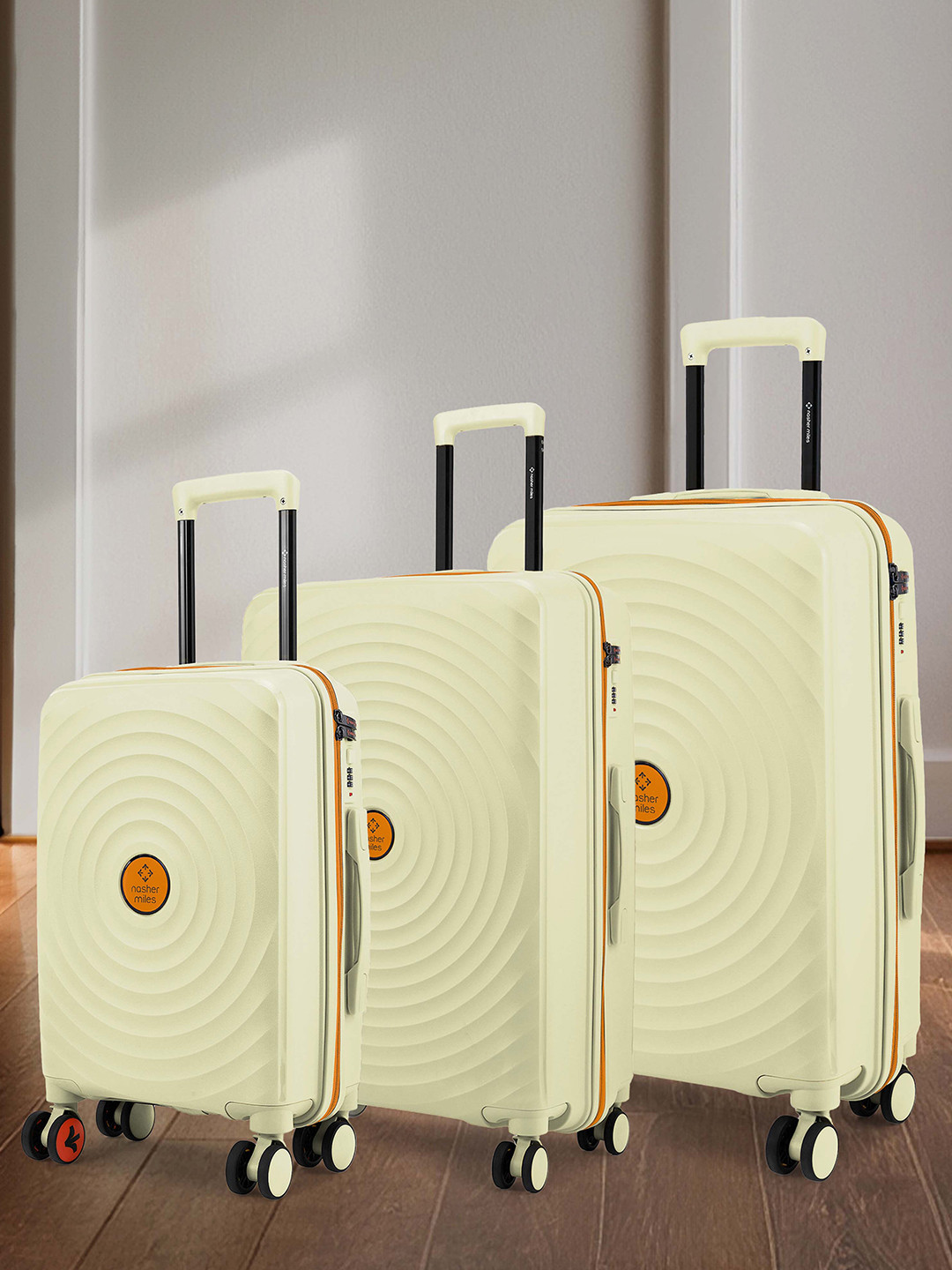 Nasher Miles Goa Hard-Sided Polypropylene Set of 3 S/M/L Cream Trolley Bags (55-65-75 cm)