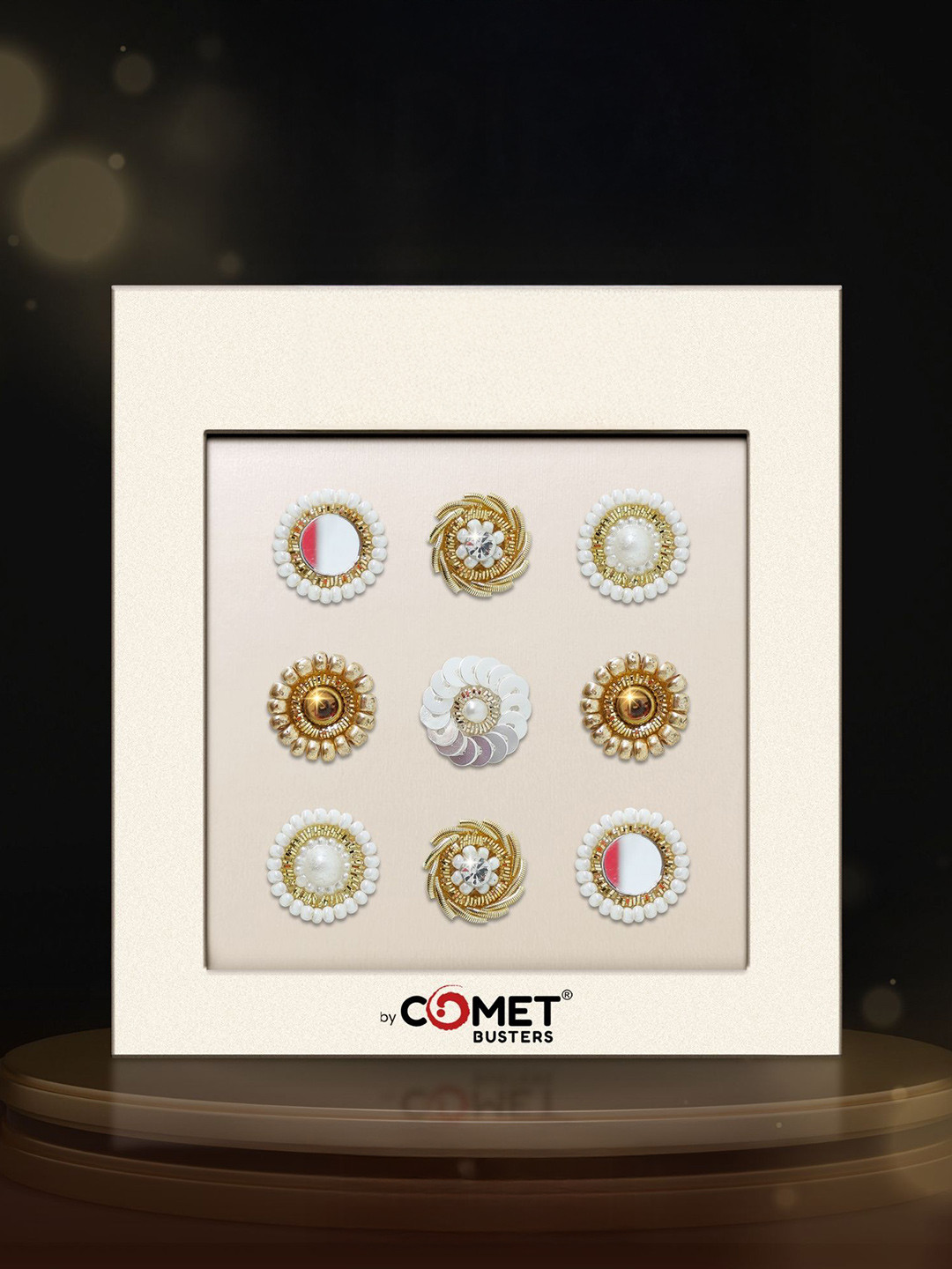 Comet Busters Premium Round Designer Handcrafted Bindi - White & Gold