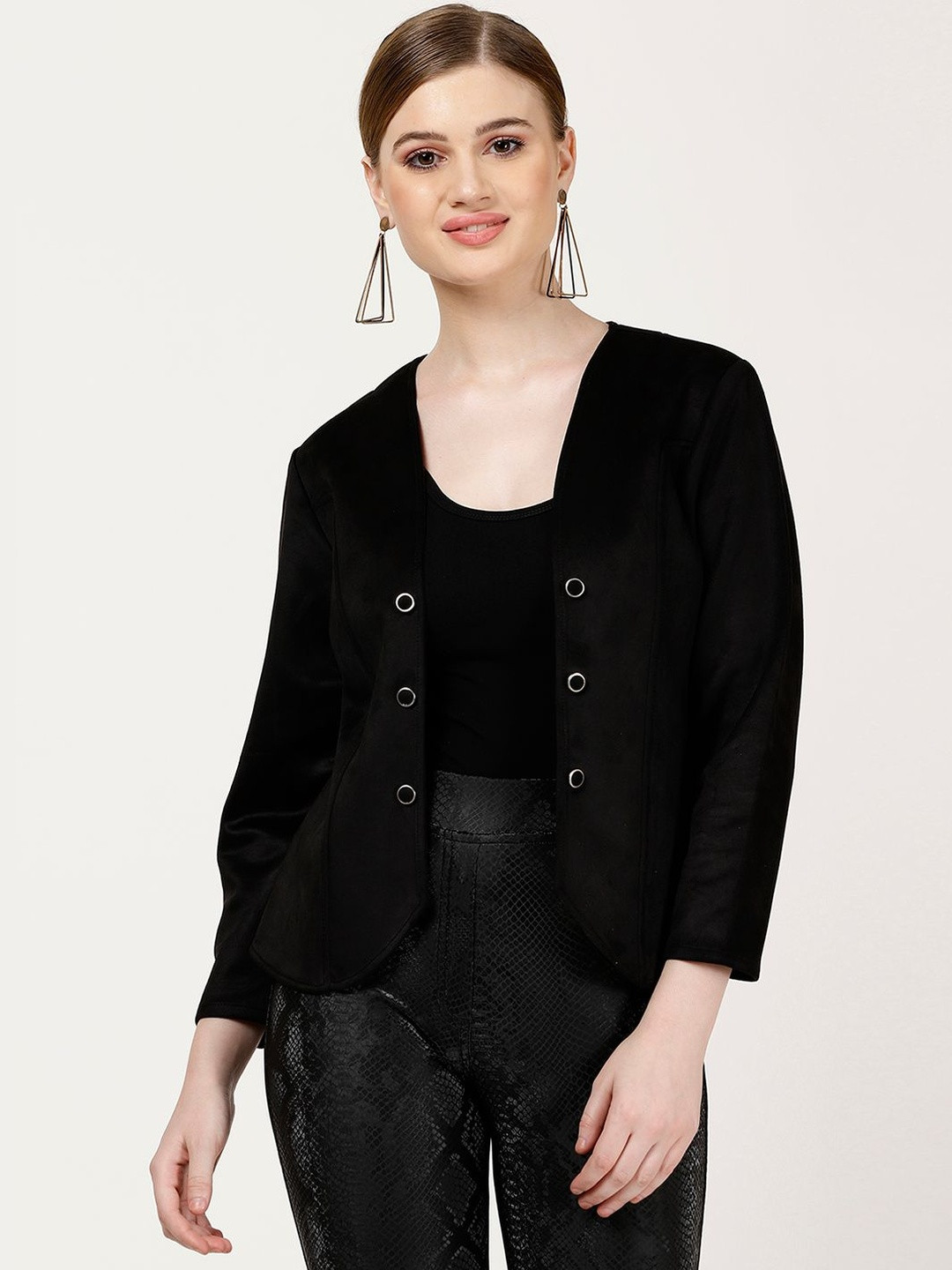 FUTURO Women Washed Suede Crop Tailored Jacket with Embroidered