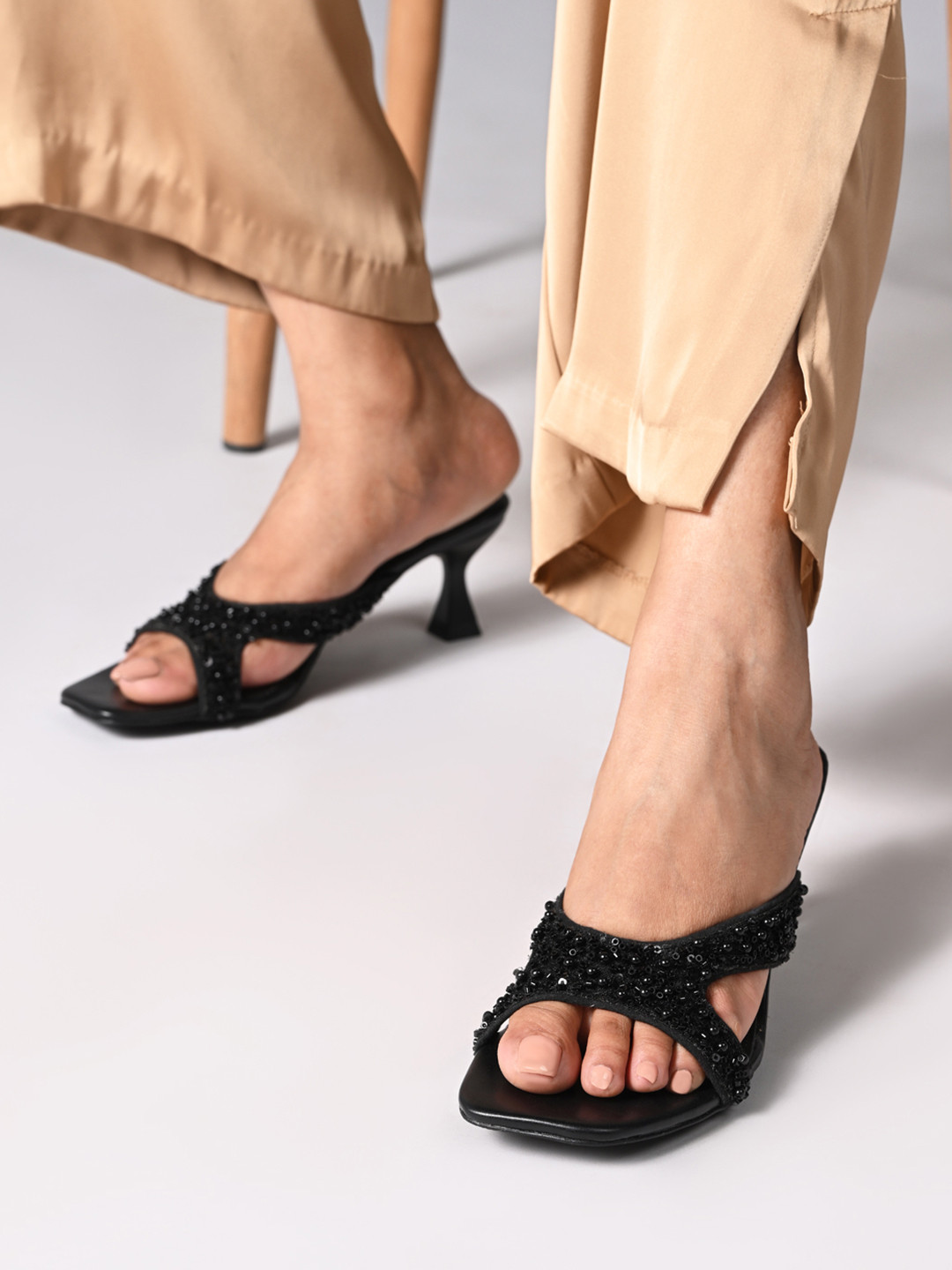 CAI Women Black Embellished Beaded Kitten Cross Heel Sandals