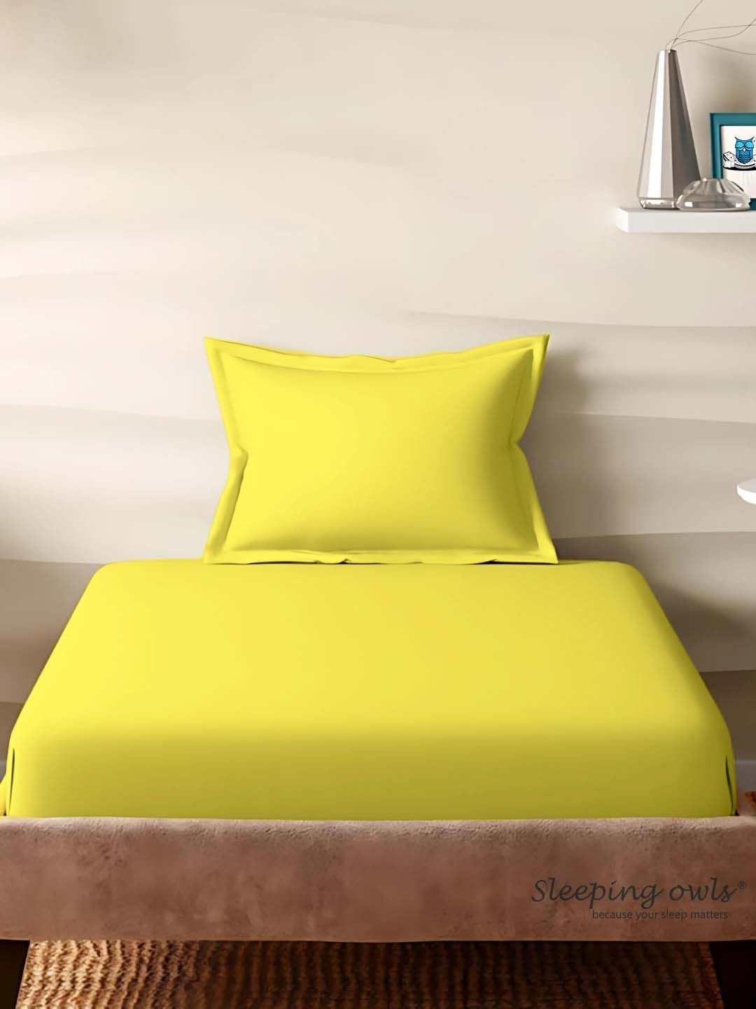 Sleeping Owls Yellow 210 TC Single Bedsheet with 1 Pillow Covers
