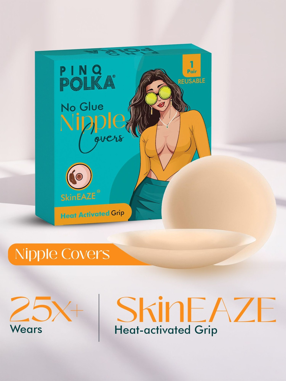 PINQ POLKA SkinEAZE 1 Pair Non-Adhesive skin friendly Reusable Nipple Covers pasties,10CM