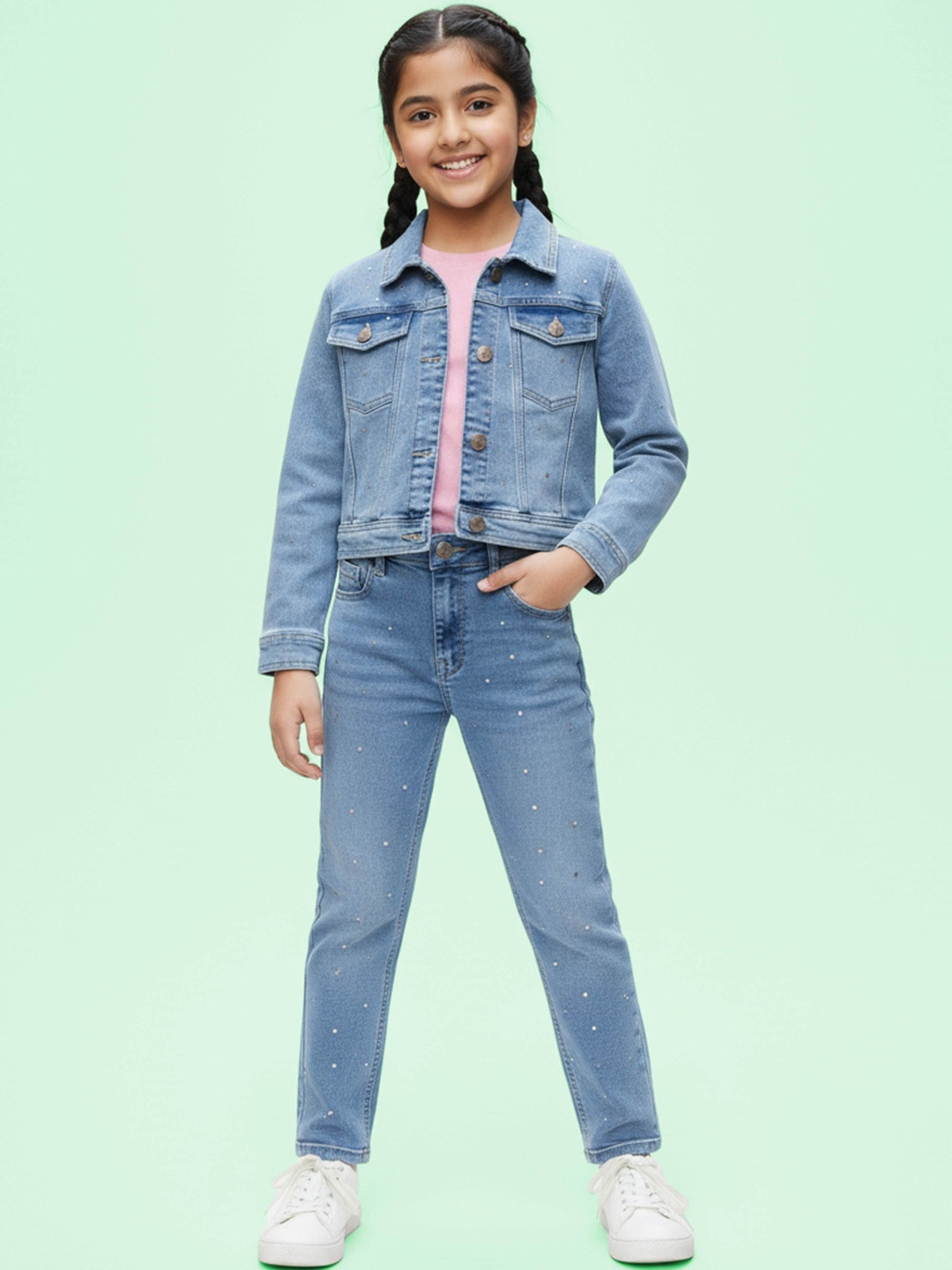KiddoPanti Girls Crop Tee & Jacket With Jeans Set