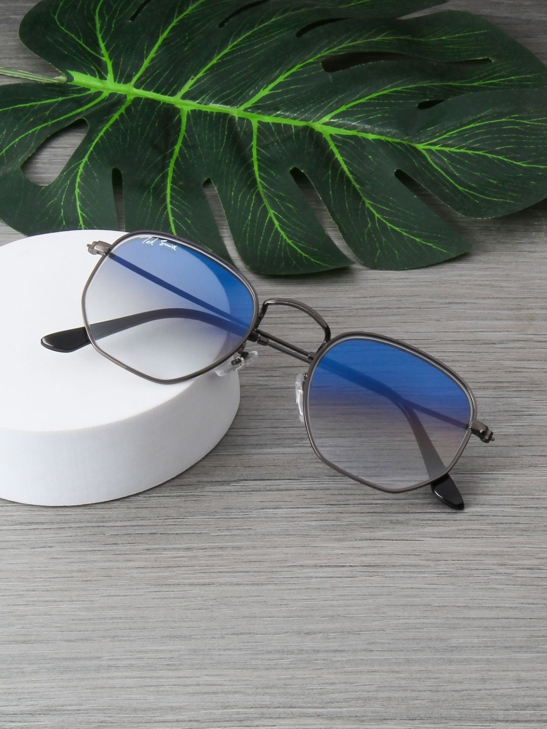 Ted Smith Unisex Hexagon Gun-Blue Graded UV Protected Sunglasses With Glass Lenses