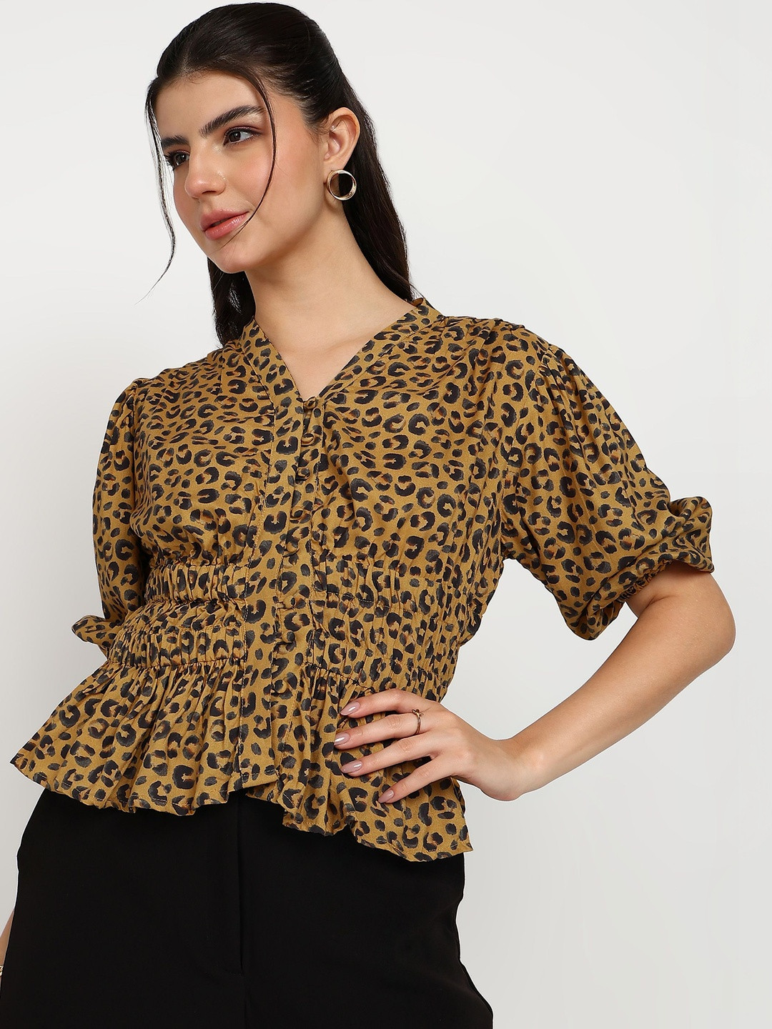 Asami Animal Print Puff Sleeve Peplum Top