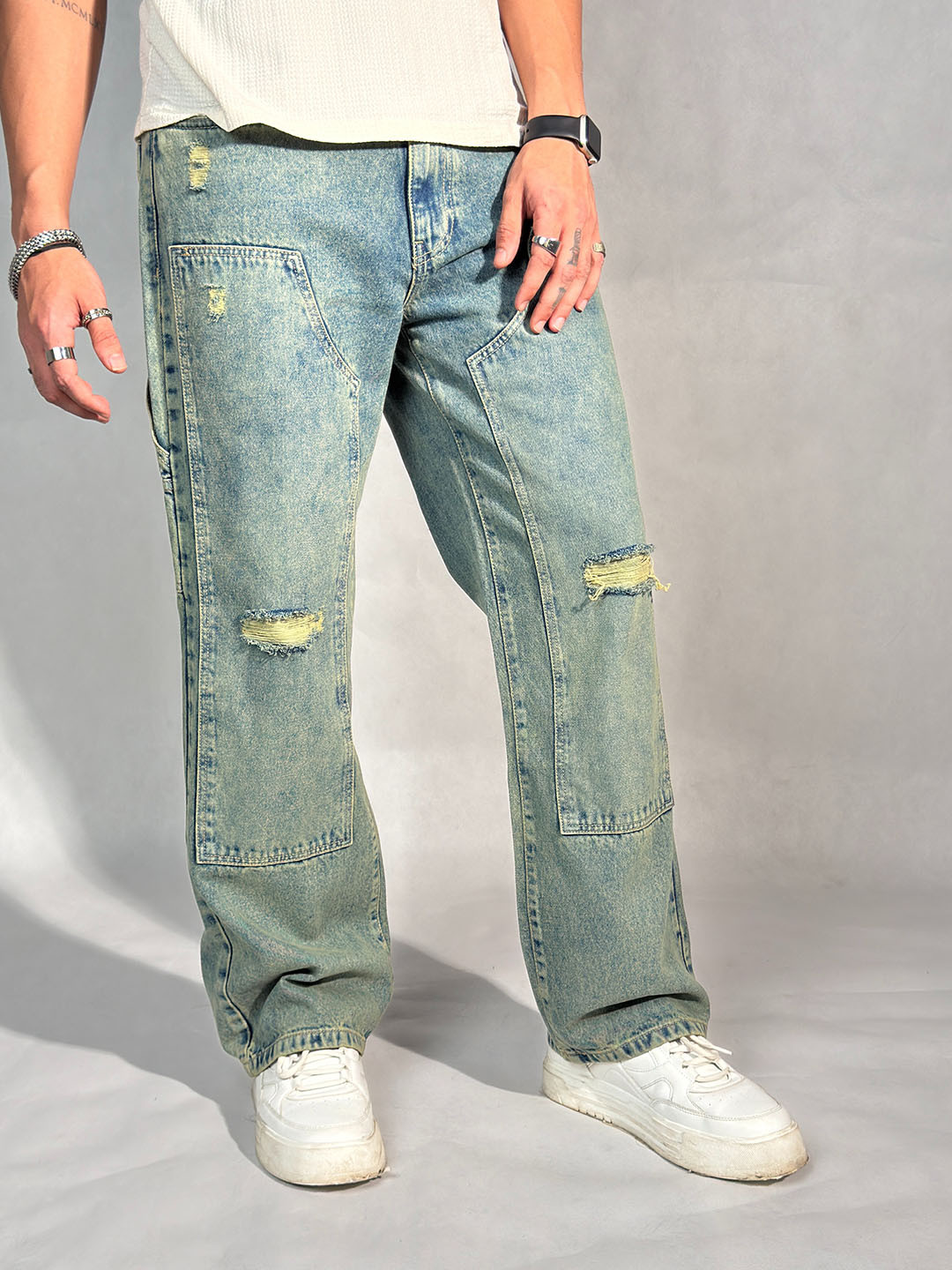 Off Duty India Men Retro Sunbeam Slash Knee Ripped Baggy  Jeans