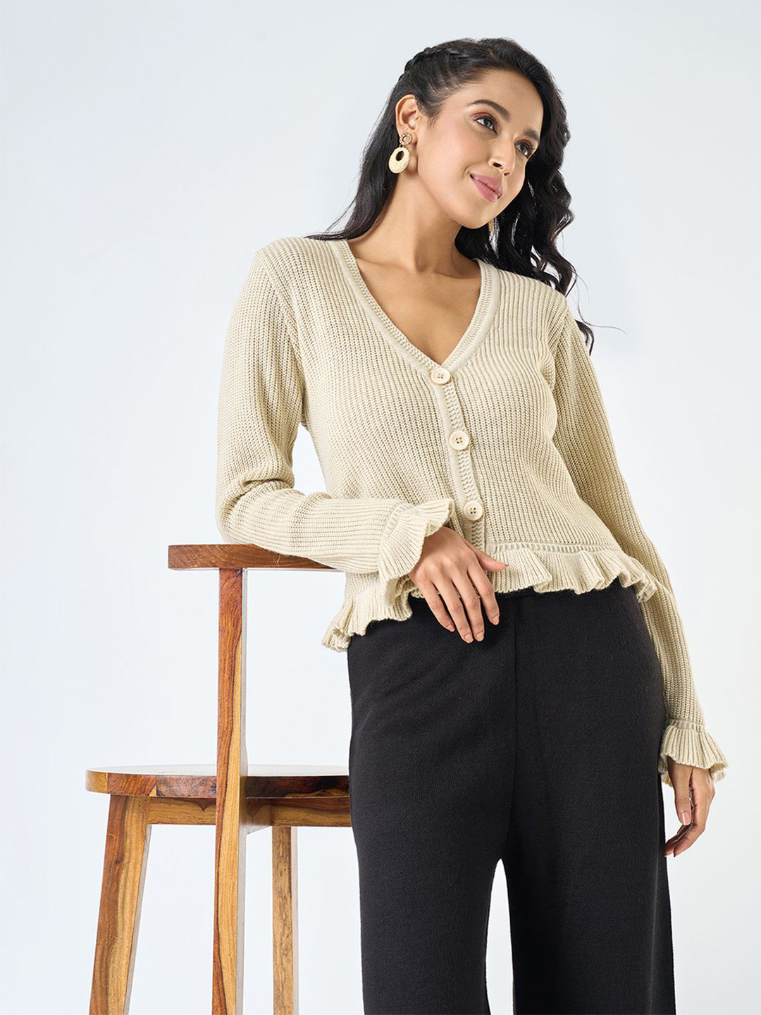 AKKRITI BY PANTALOONS Women Ribbed Cardigan with Fuzzy Detail