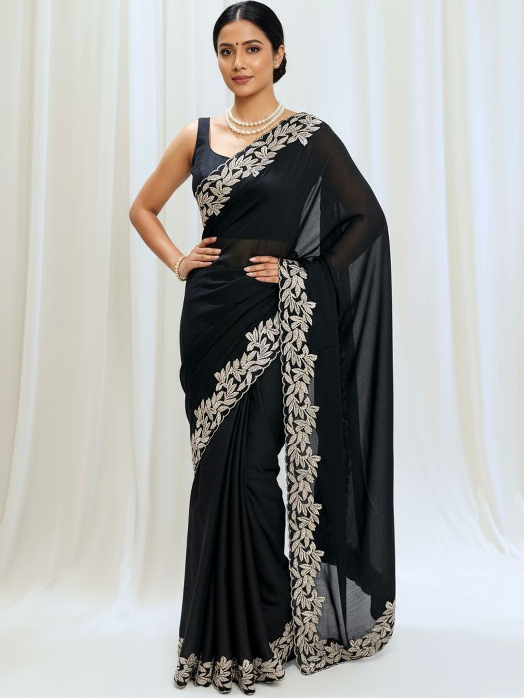 D tales Ethnic Motifs Embroidered Poly Chiffon Heavy Work Saree
