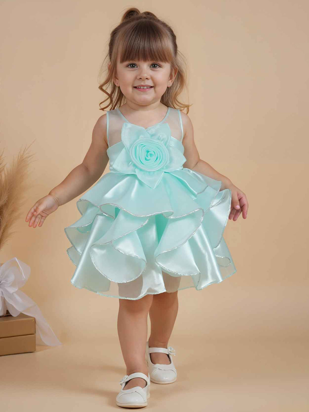 Lagorii Girls Embellished Applique Organza V-Neck Fit & Flare Dress